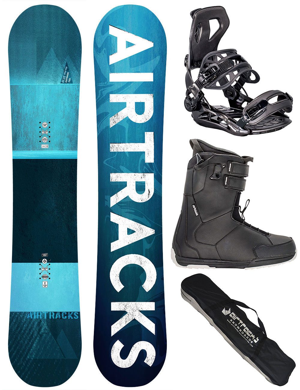 Airtracks Snowboard Herren Snowboard Komplett Set Blue Drifter Rocker Wide »Mod. 26/27 (4er Pack), Snowboard + Bindung Master + Boots + SB Bag / 150 155 160 164 cm
