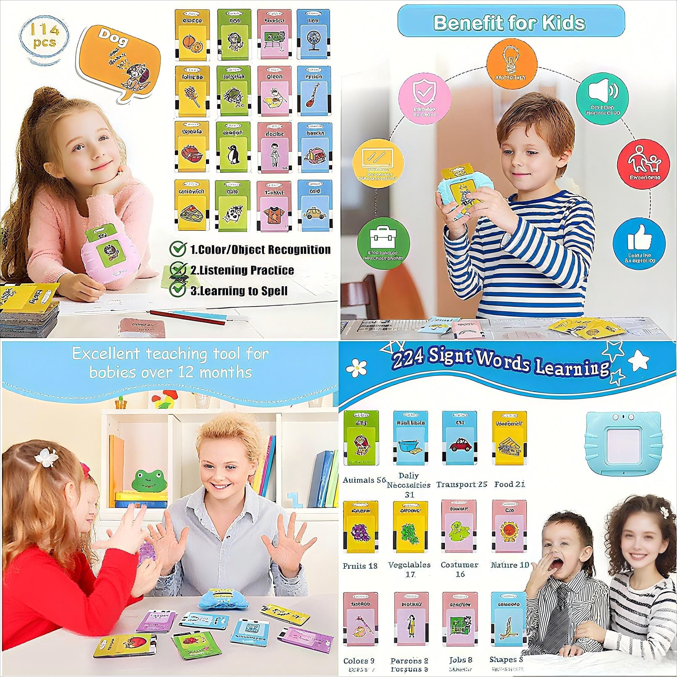 POPOLIC Lernspielzeug Sprechende Flash-Karten, Standard Deutsch-112 Blätter 224 Wörter (1-St), für Kleinkinder 2-4 Jahre Alt,Interaktive Spielzeug für Jungen Mädchen