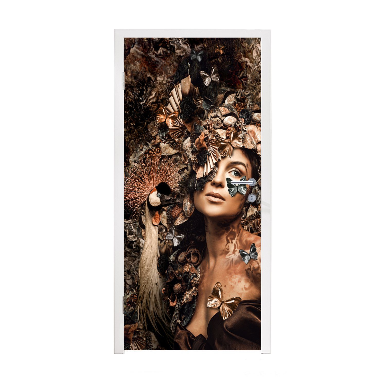 MuchoWow Türtapete Luxus - Frau - Tiere - Schmetterlinge - Vögel, Matt, bedruckt, (1 St), Fototapete für Tür, Türaufkleber, 75x205 cm