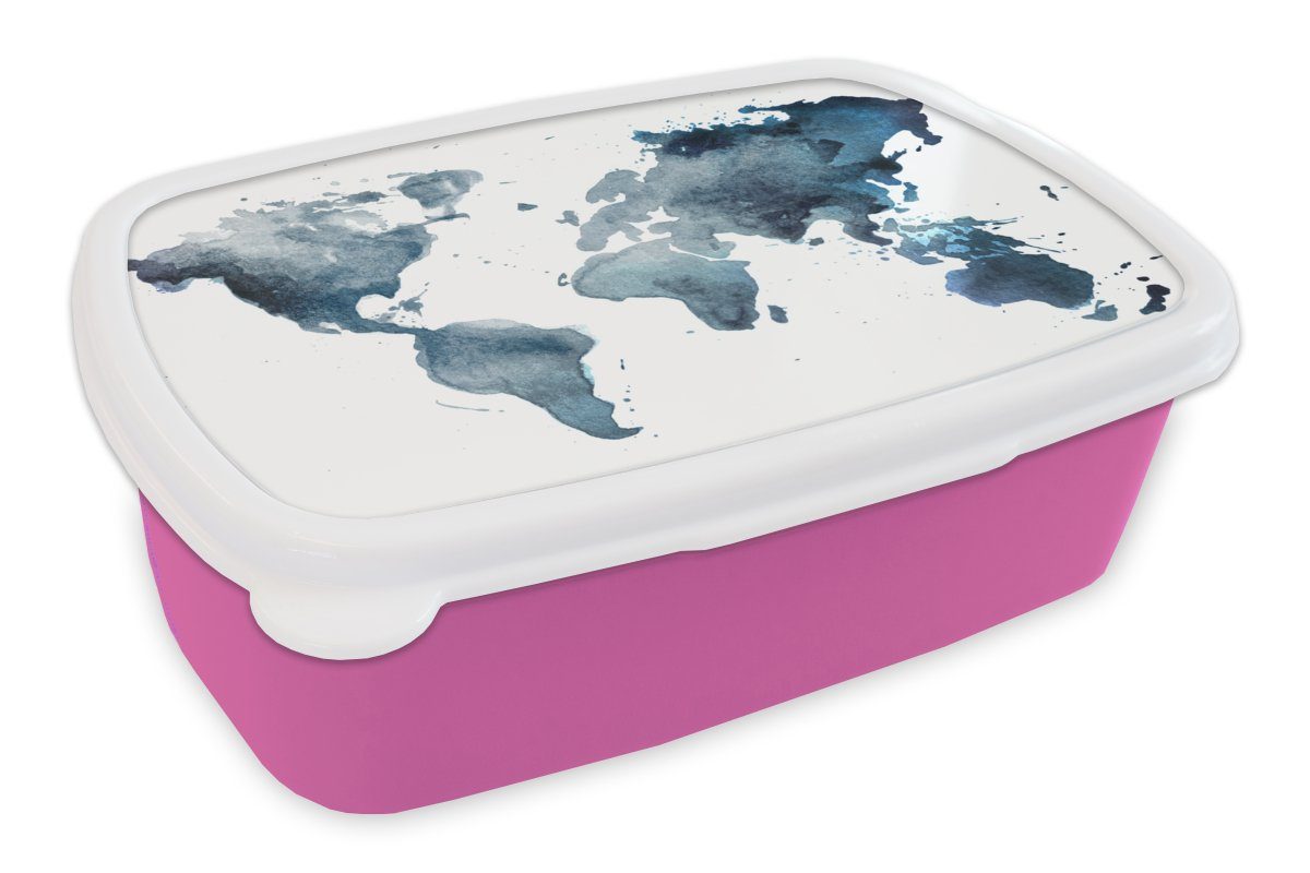MuchoWow Lunchbox Weltkarte - Abstrakt - Aquarell, Kunststoff, (2-tlg), Brotbox für Erwachsene, Brotdose Kinder, Snackbox, Mädchen, Kunststoff rosa