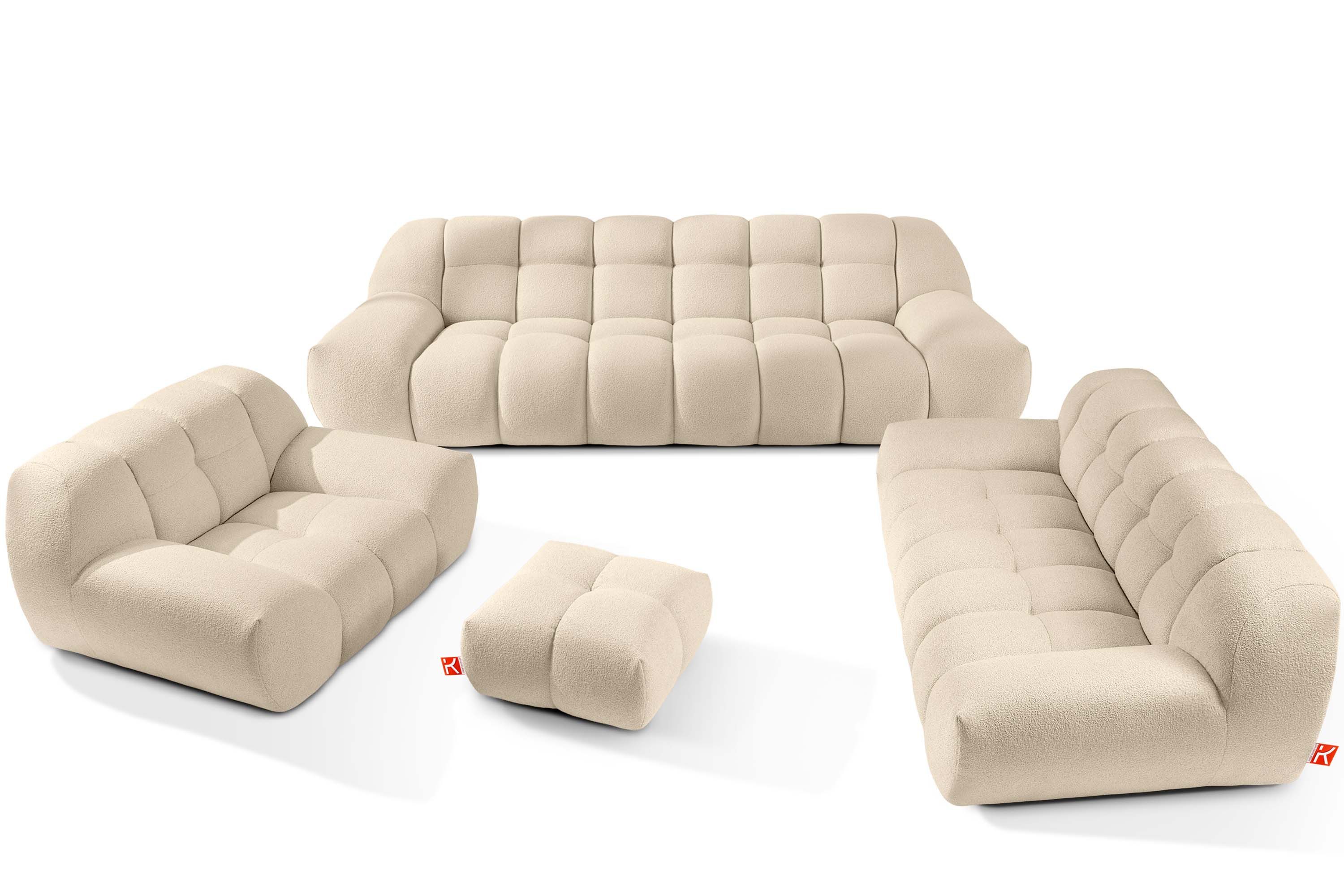 KONSIMO® Polstergarnitur VENA Couchgarnitur, Japandi, Premiumqualität aus EU, (4-tlg., 1x Sessel, 1x Hocker, 1x 2-Sitzer Sofa, 1x 3-Sitzer Sofa), handgefertigter Bubble-Effekt, organische Form, Bouclé