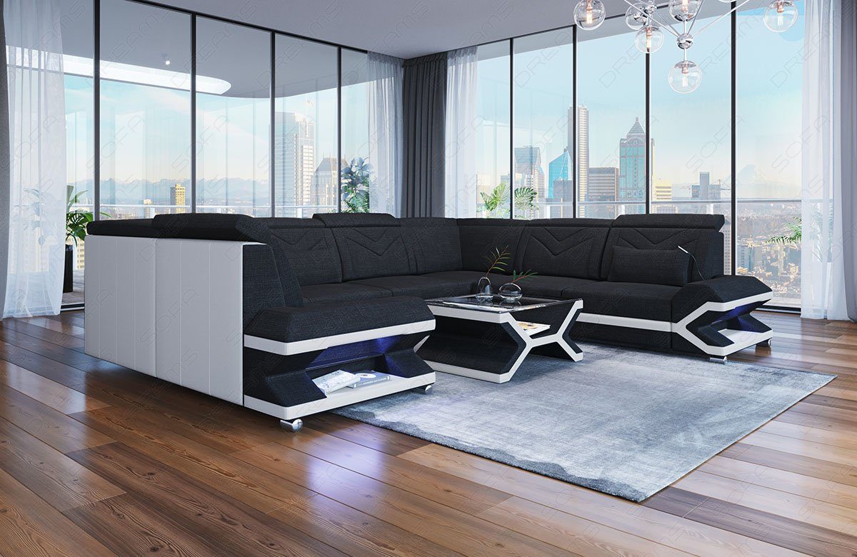 Sofa Dreams Wohnlandschaft mit USB-Anschluss, Sorrento H14 ausziehbare Schwarz-Weiss LED, Stoff Couch Stoffsofa, Form Polstersofa Designersofa Bettfunktion, U