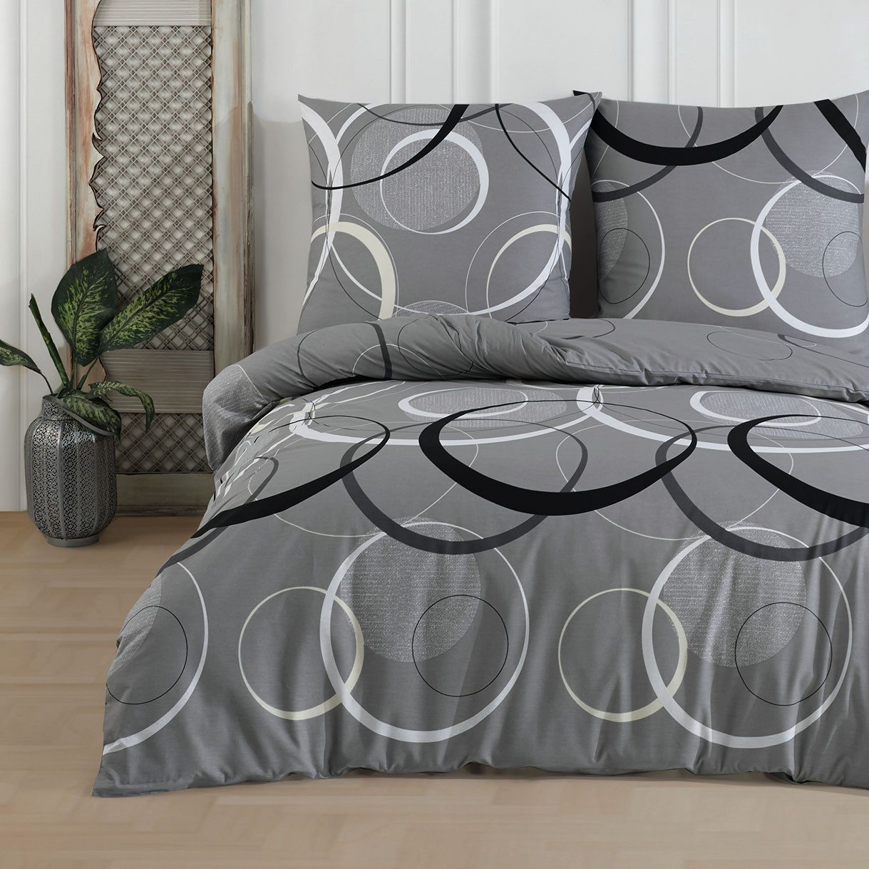 Bettwäsche Wave, Bettgarnitur, Bettbezug Set, Buymax, Renforcé: 100% Baumwolle, 3 teilig, mit Reißverschluss, gemustert, Kreise, Grau, Schwarz, 200x220 cm