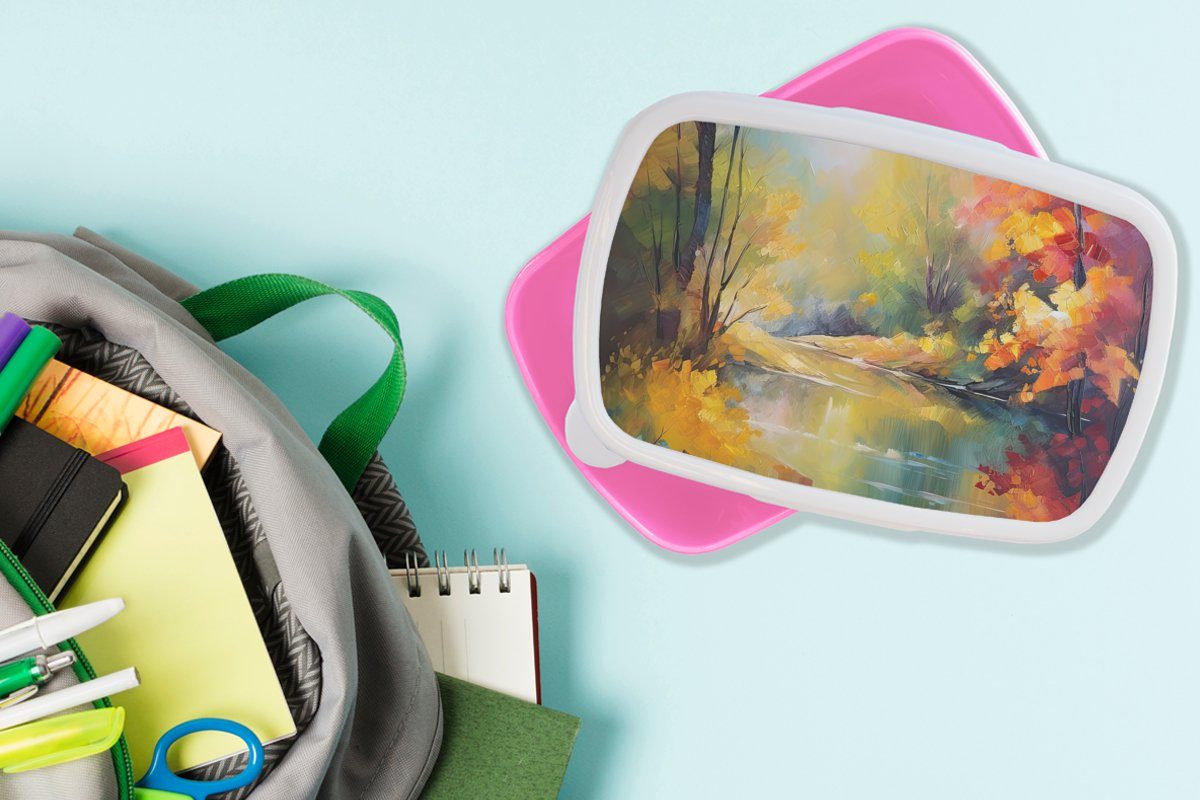 Mädchen, - Lunchbox Farbenfroh, Snackbox, Fluss Brotbox Kunststoff Ölgemälde Kinder, Landschaft Kunststoff, rosa - - Erwachsene, für MuchoWow Brotdose (2-tlg),