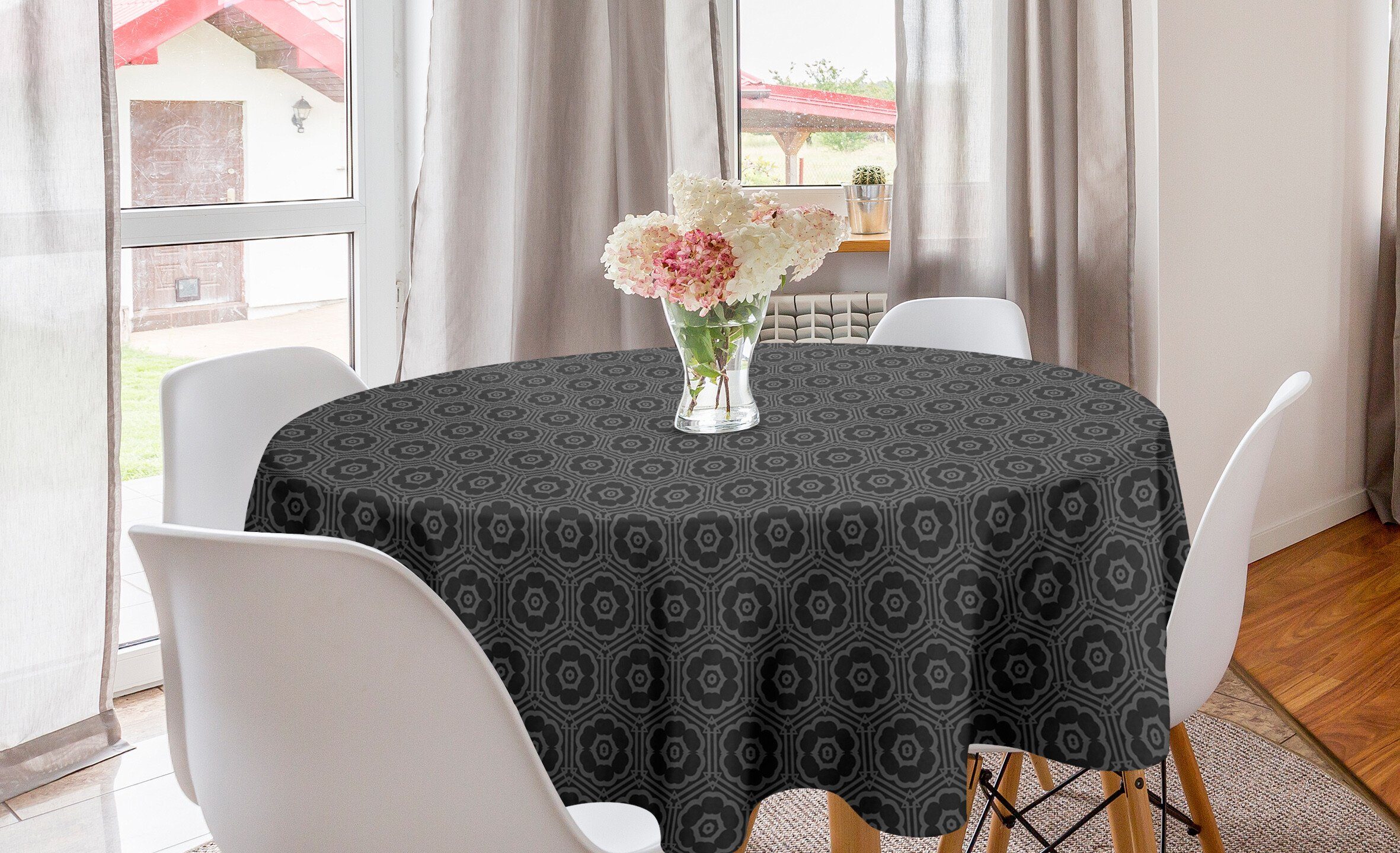 Abakuhaus Tischdecke Kreis Tischdecke Abdeckung für Esszimmer Küche Dekoration, Geometrisch Graustufen- Blumen Gitter