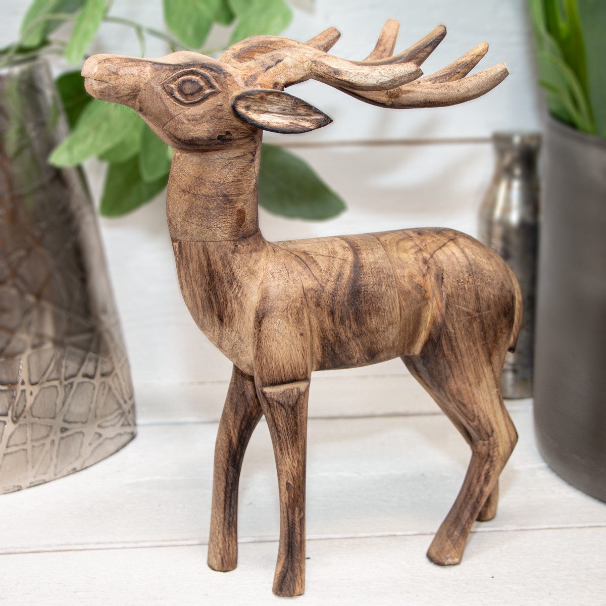 Antikas Dekofigur Reh Figur Gartenfigur Holzfigur Tierfiguren