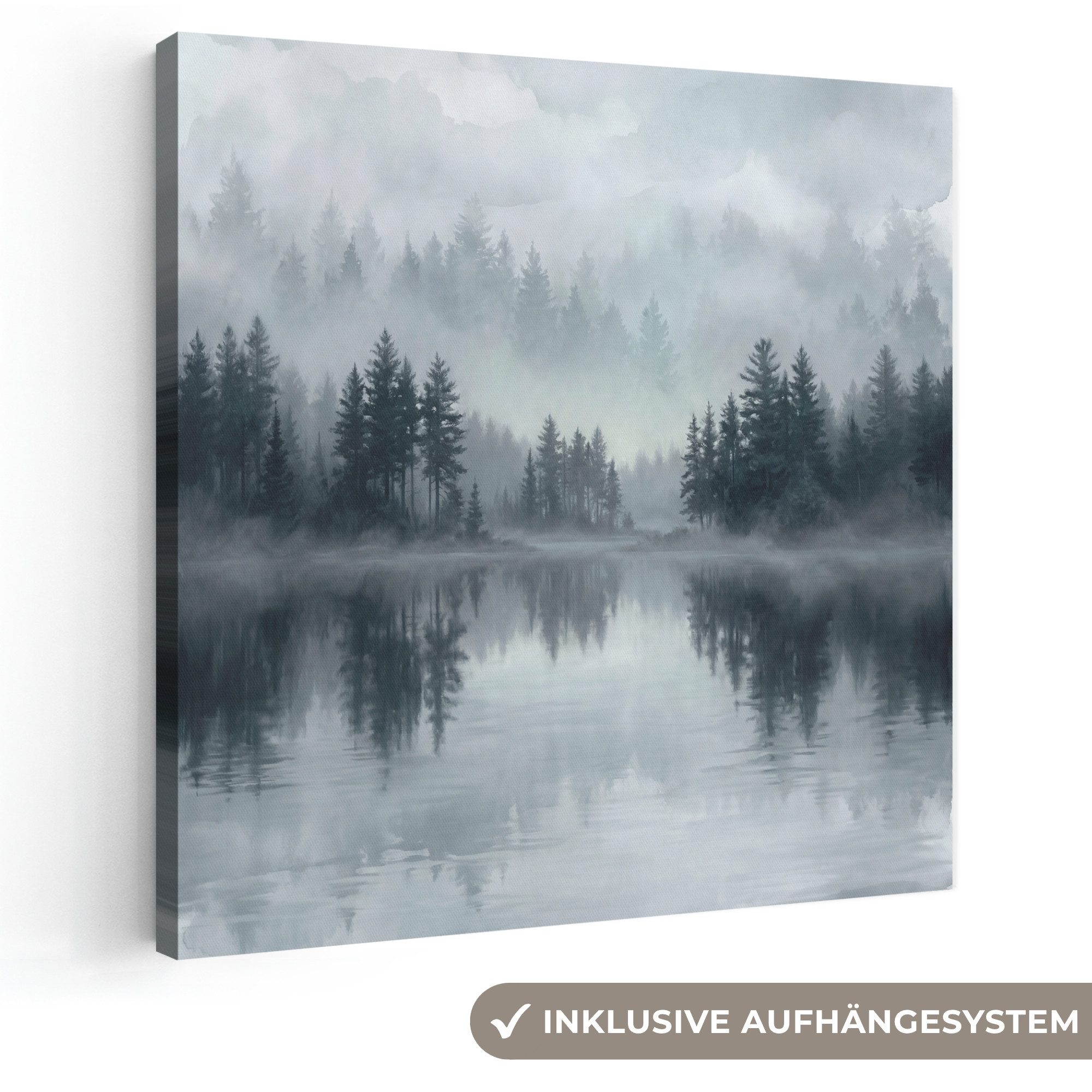 OneMillionCanvasses® Leinwandbild Wald - See - Nebel - Natur - Grau, Fotodruck (1 St), Wandbild, Deko Schlafzimmer Wohnzimmer Flur 20x20 cm
