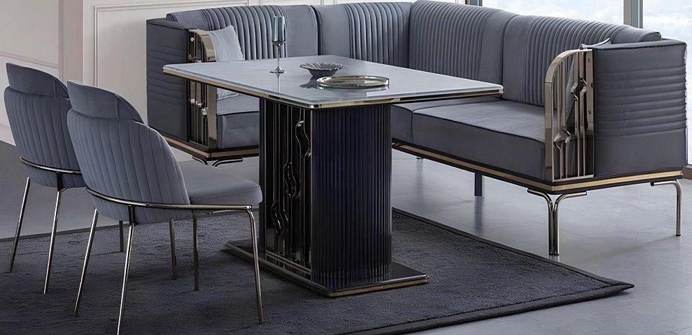 Essgruppe Elegantes graues Esszimmer-Set mit Edelstahl-Tisch und Textil-Stühlen