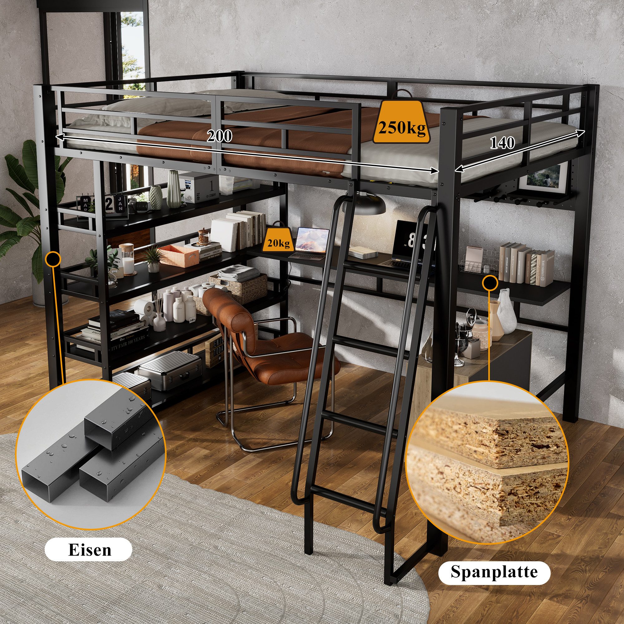 Odikalo Loft Bed 140x200 Metal Bed with Desk & Storage (Iron Bed, Children's Bed, Youth Bed, With Shelves and Plenty of Storage Space, Equipped with Charging Port, Four-Step Slanted Ladder, Can Hang Items, Iron + Chipboard, Black, 140x200cm)