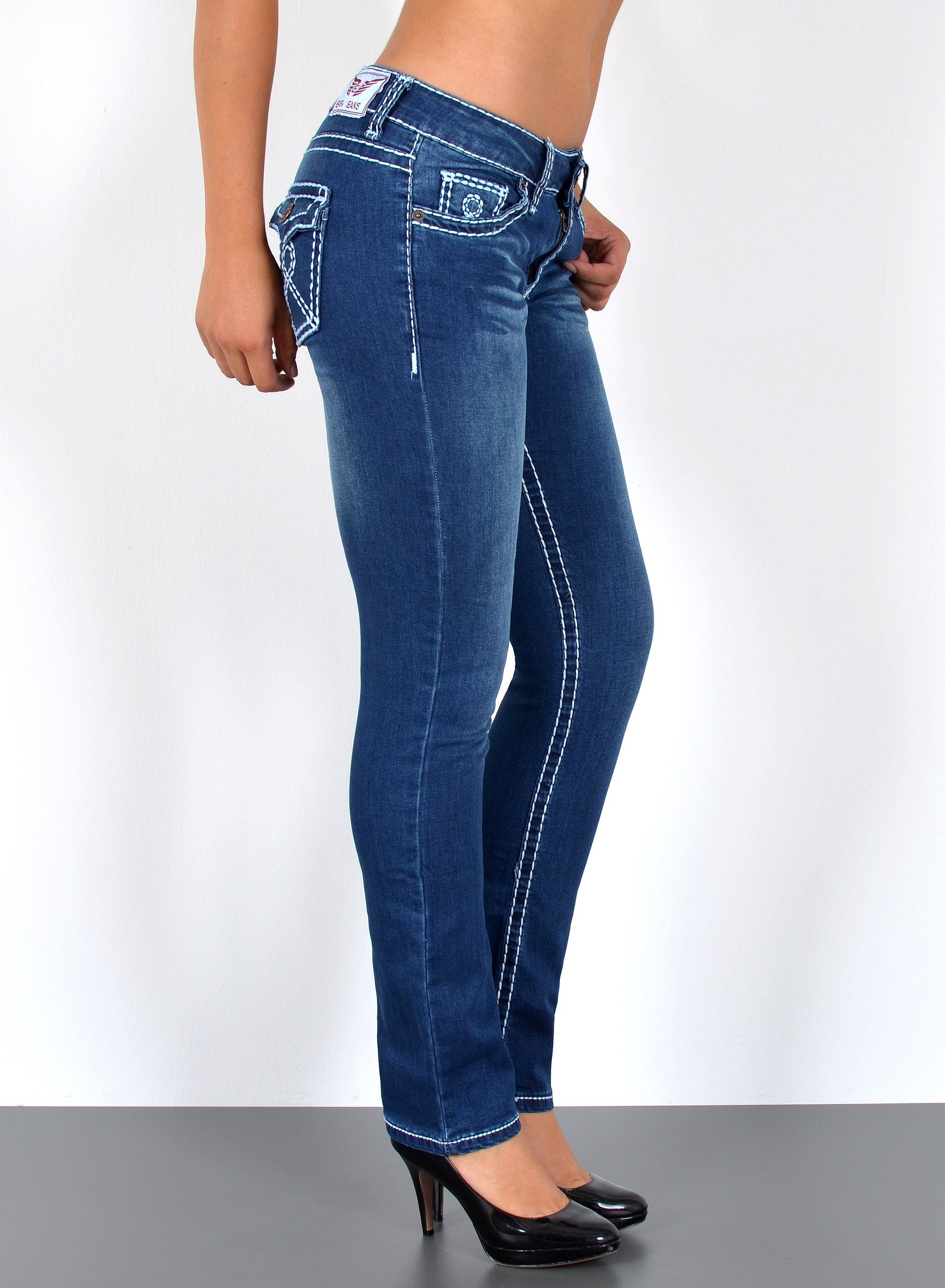 ESRA Straight-Jeans Straight Jeans Damen Jeans Hose weiße Naht Kontrastnaht bis Übergröße High Waist Jeans Damen Hose Stretch mit dicker Naht bis Plus Size