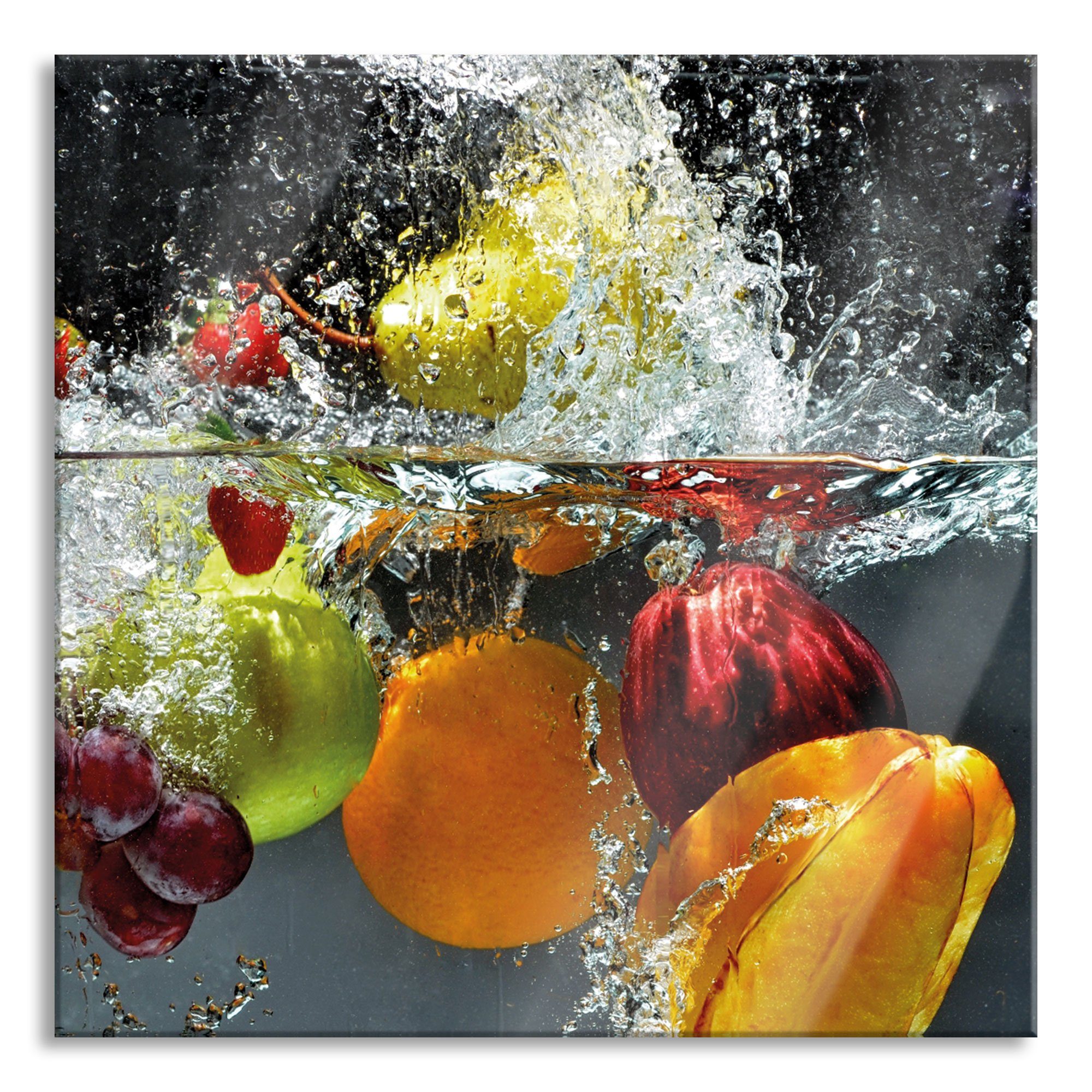 und Wasser Echtglas, Früchte ins Abstandshalter Glasbild Glasbild aus St), Früchte Pixxprint inkl. fallen (1 fallen ins Wasser, Aufhängungen