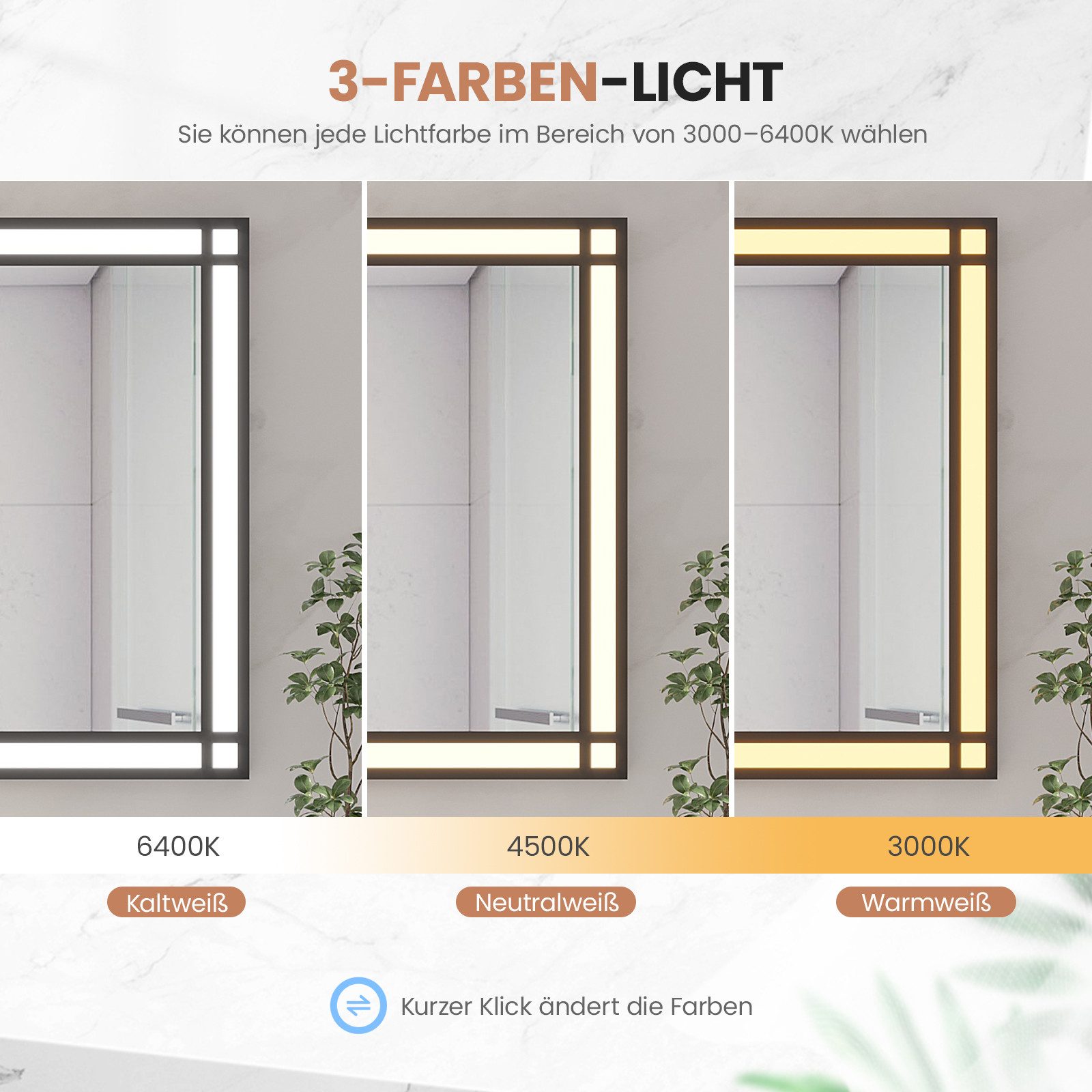 AQUALAVOS Badspiegel LED Badezimmerspiegel 100x70 cm Beschlagfrei Lichtspiegel Wandspiegel, 100x70 cm, 2 Lichtfarben Dimmbar, Memory-Funktion, Touch /Wandschalt – Bild 4 von 5