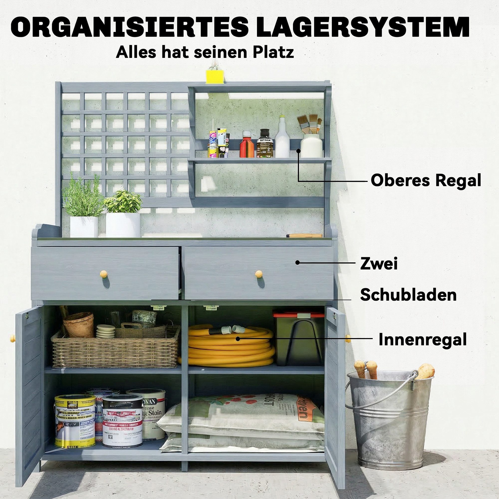 Outsunny Pflanztisch Holz Geräteschrank mit Unterschrank verzinkter Arbeitsplatte (Gärtnertisch, 1-St., Outdoor Gartenschrank), für Garten Balkon Terrasse 104x4 – Bild 5 von 5