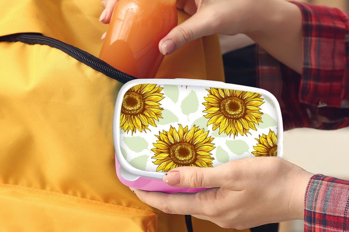 MuchoWow Lunchbox Sonnenblume - Muster rosa für Brotbox Snackbox, (2-tlg), Kinder, - Brotdose Erwachsene, Mädchen, Blumen, Kunststoff Kunststoff
