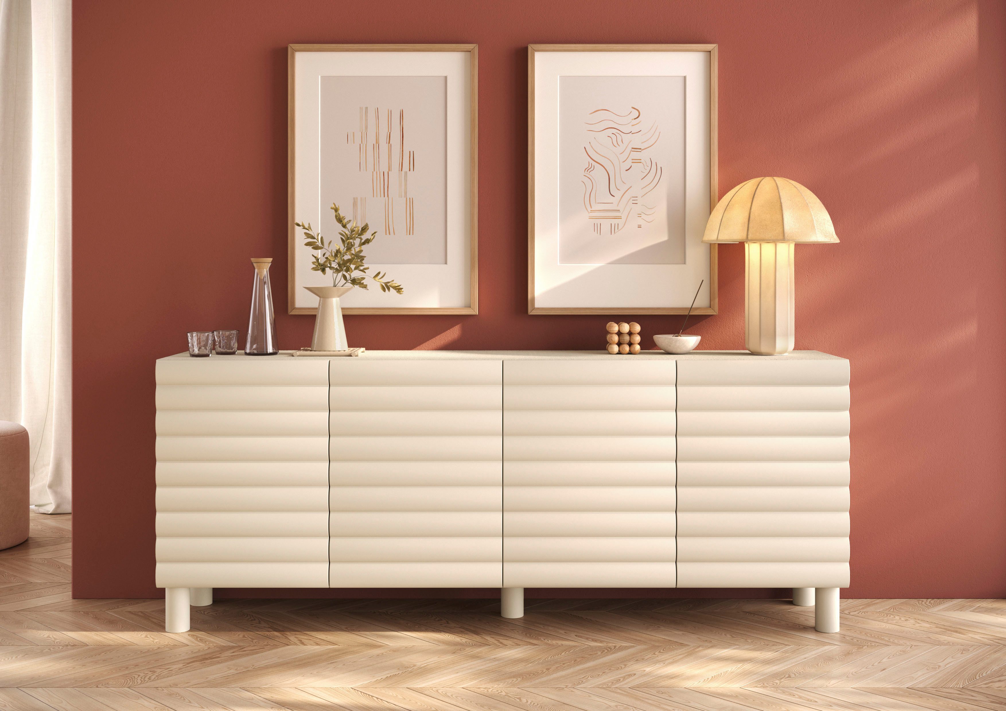 OTTO home Sideboard Adria, 202 cm breit, 4 Türen, Anrichte, Kommode, Stauraumschrank, Korpus Talco Spatolato, MDF-Fronten in 3D-Design, viel Stauraum