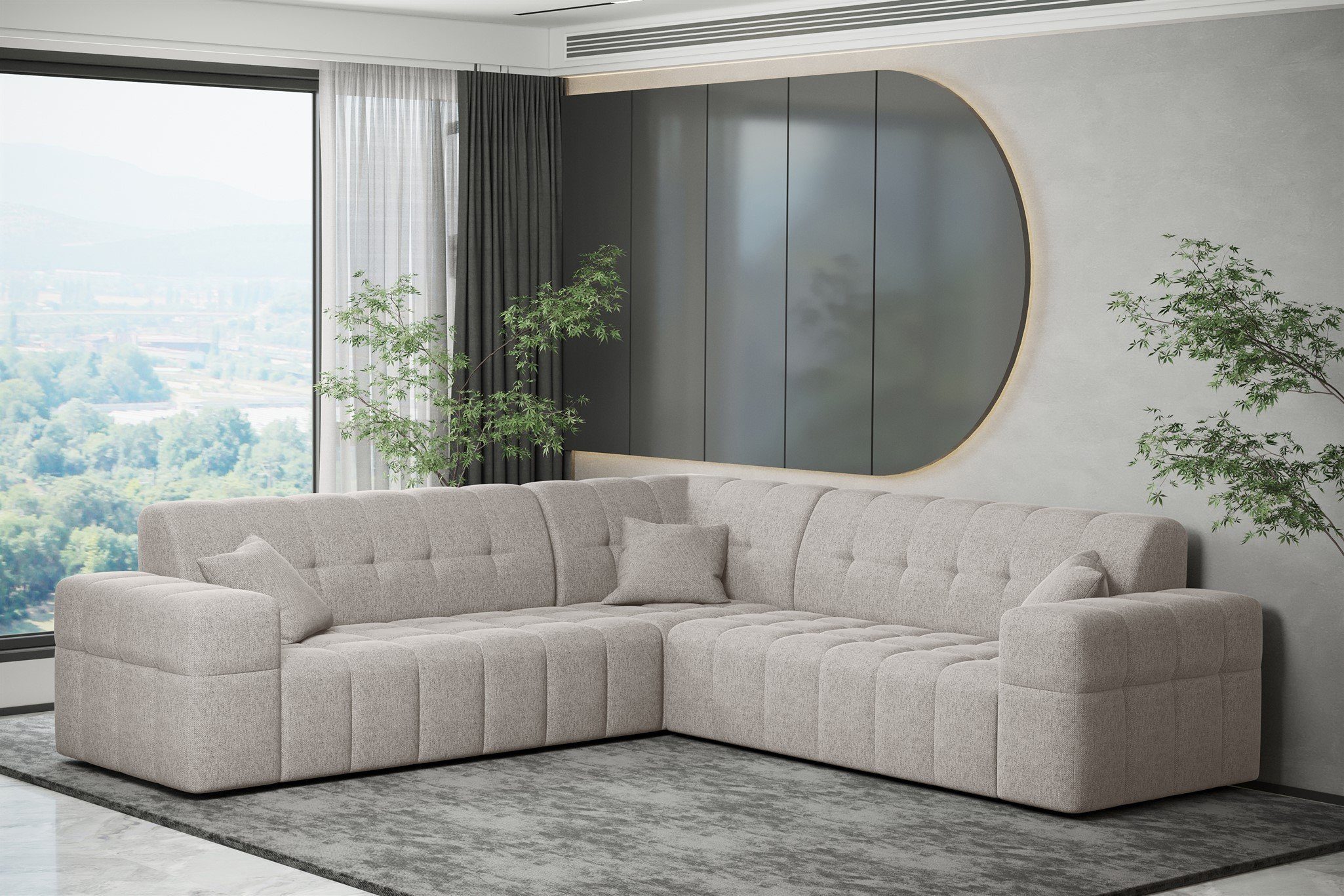 Fun Möbel Ecksofa Ecksofa Stoff Universal, in NANCY Seite Neve Rundumbezug Beige Designersofa