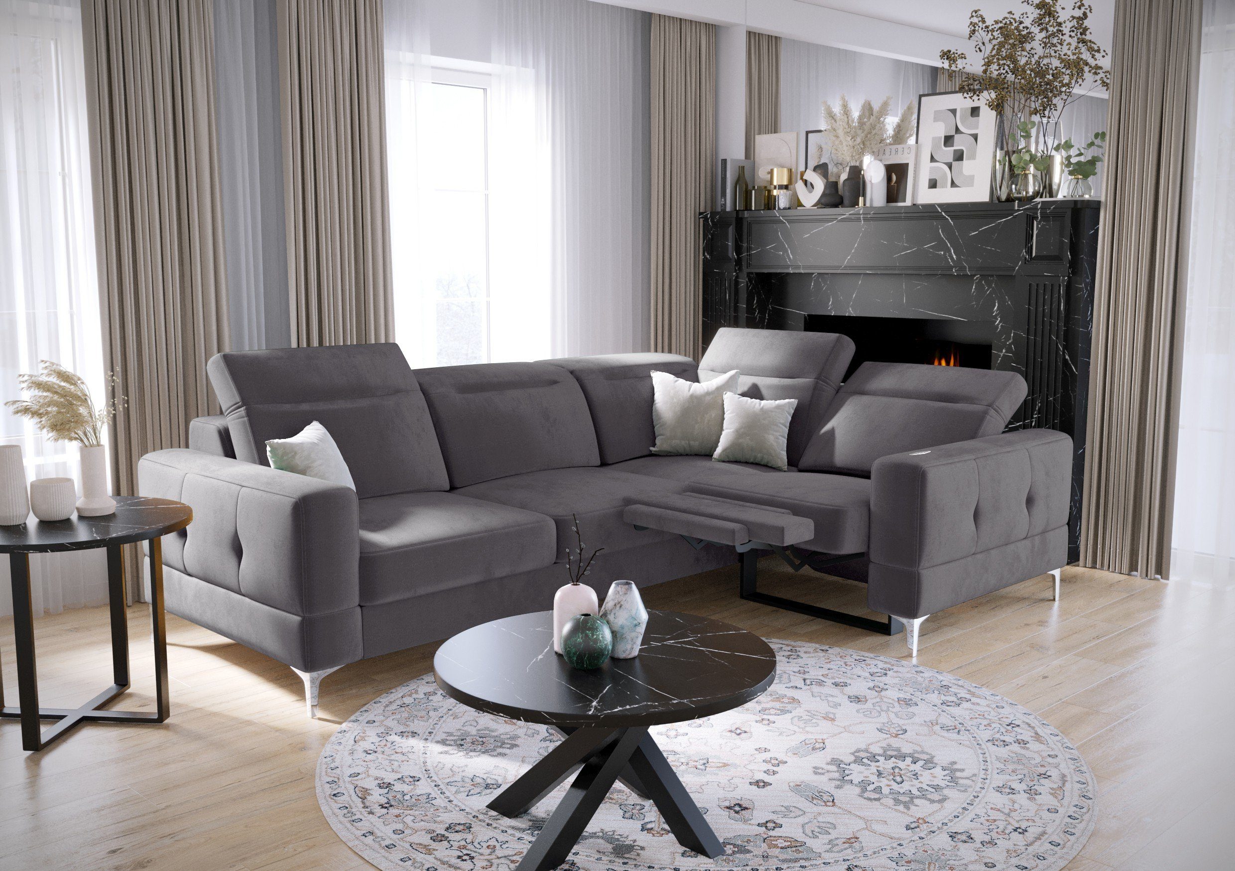 Möbel für Dich Ecksofa Malibu Relax, mit Relaxfunktion, mit Stoff-und Farbauswahl, mit Schlaffunktion Veloursstoff Element 23 grau