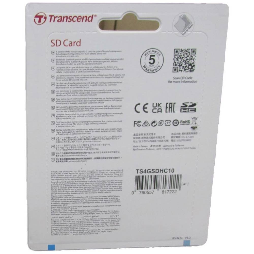 Transcend 4GB SDHC Karte Class 10 TS4GSDHC10 Speicherkarte