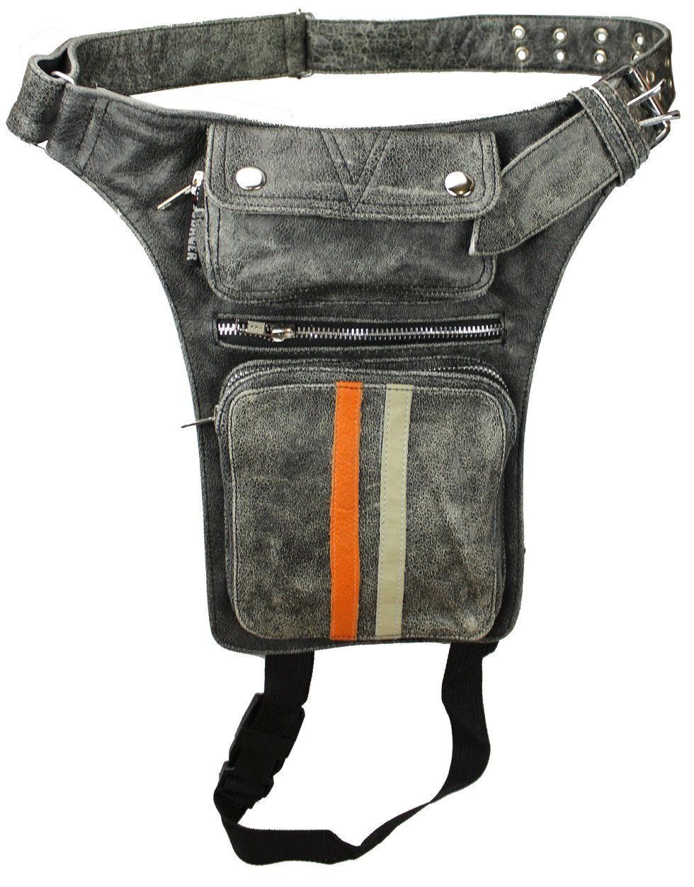 Alpha Speeds Beintasche / Bauchtasche aus echtem Leder Biker/Freizeit mit 2 Streifen in Grau, hochwertiges Echtleder, 3 Frontfächer & 1 großes Rückfach