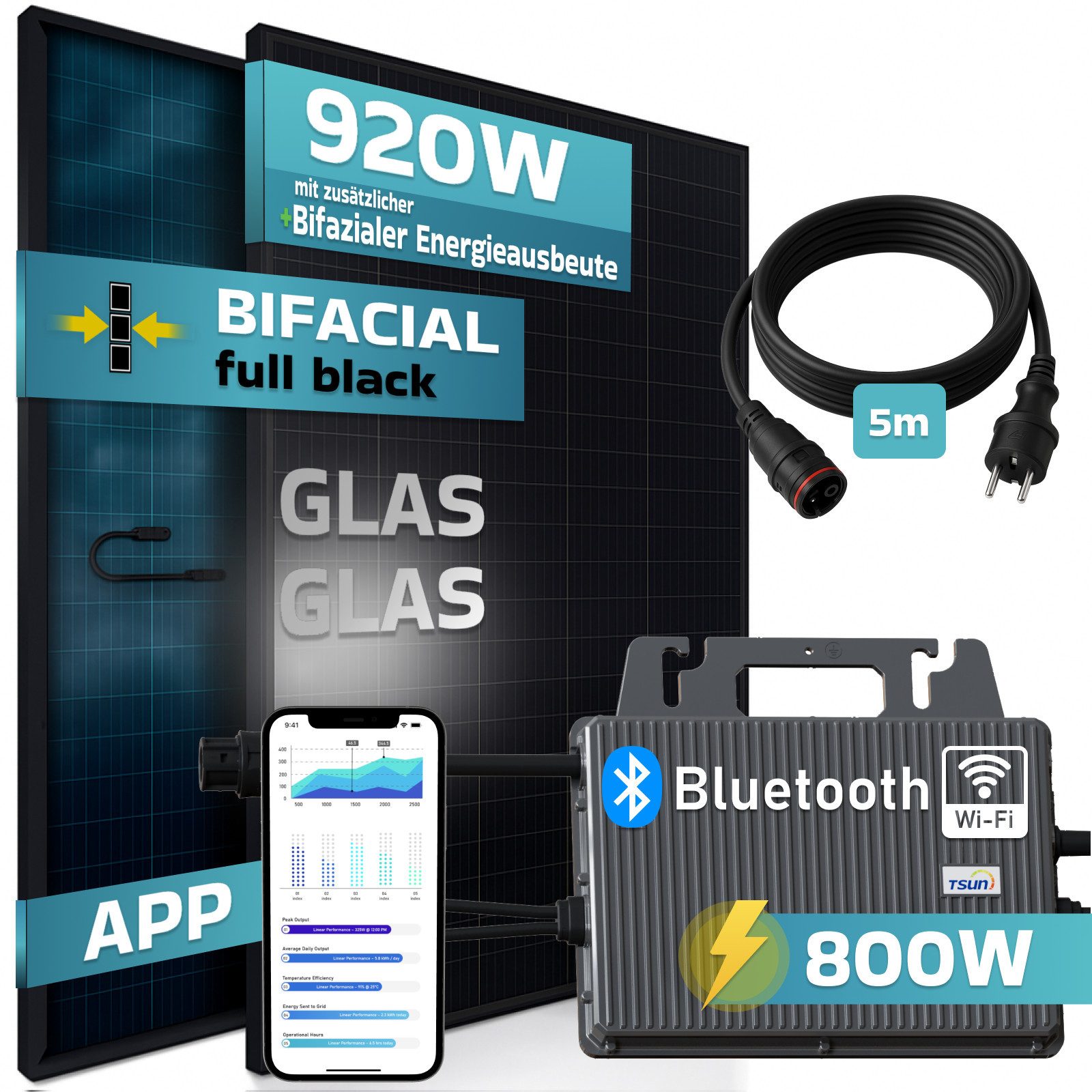 Thumbnail - SUNNIVA Balkonkraftwerk 920W BIFAZIAL FULLBLACK komplett Steckdose, (TSUN 800W Wechselrichter, PV Solaranlage, 2x 460W G...