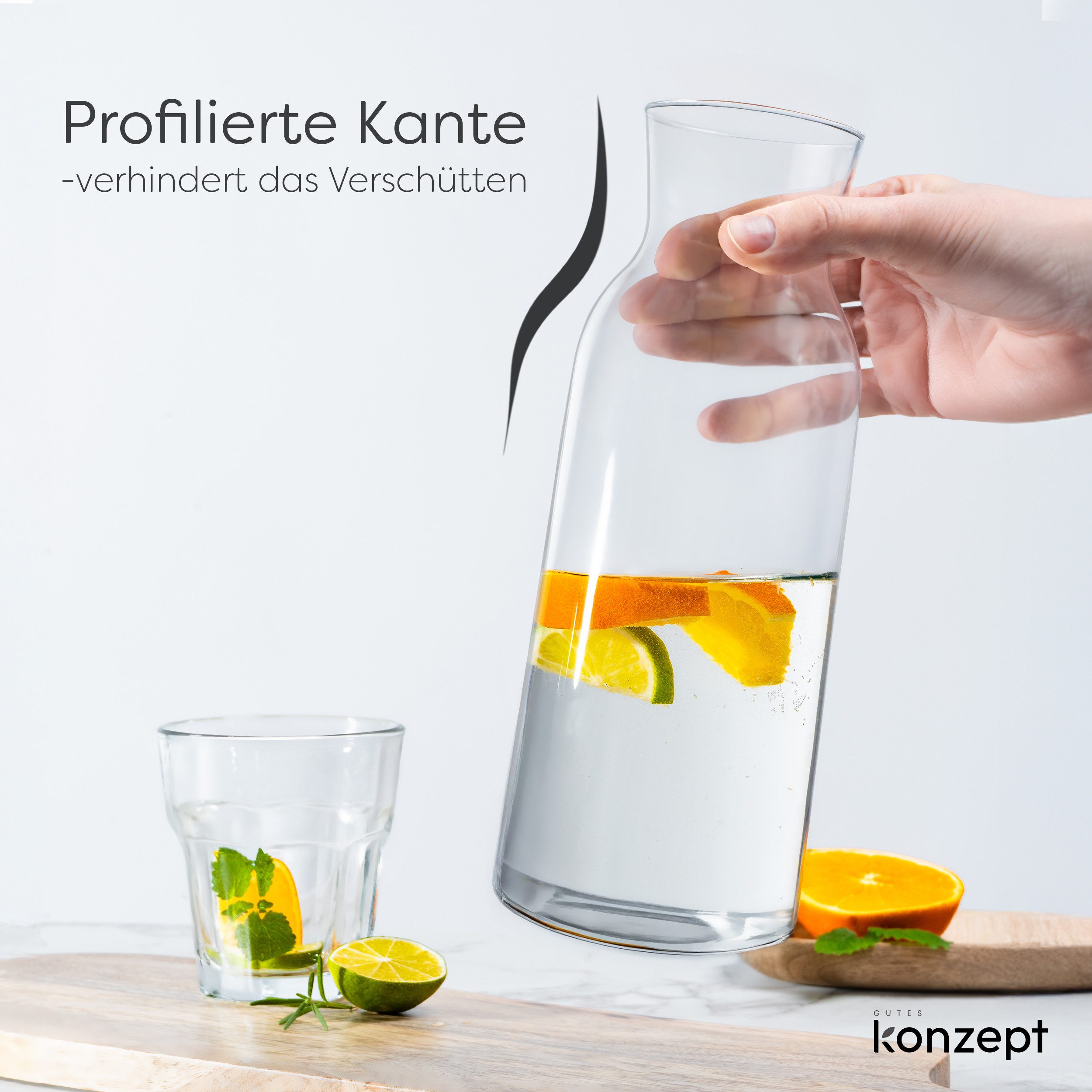 KONZEPT Wasserkaraffe Karaffe Glaskaraffe Transparente 1 Liter, (3-tlg), ideal für Wasser, Saft, Wein, Limonade, Coctails und Milch