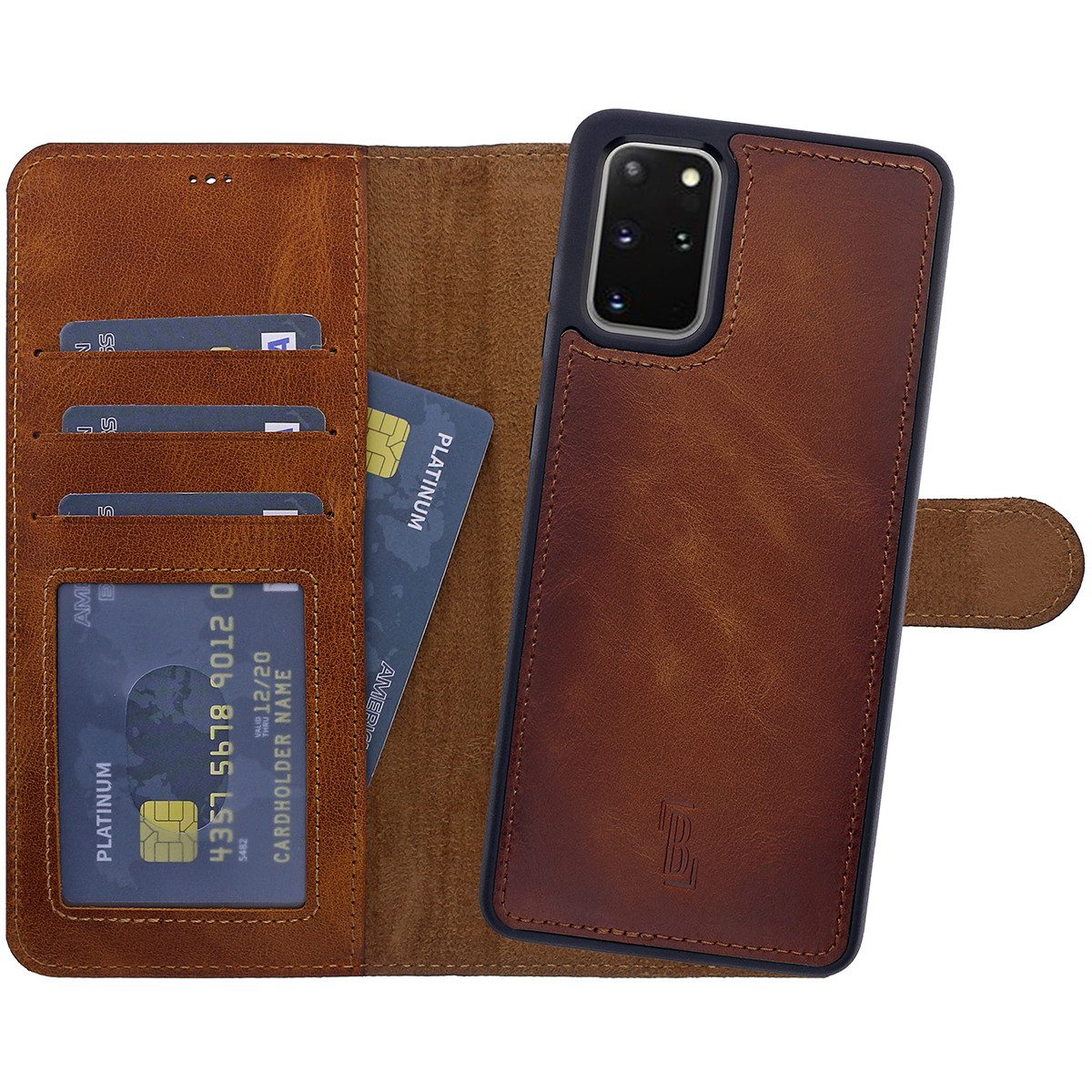 Burkley Handytasche Samsung Galaxy S20 Handytasche mit modularem Case (1-tlg., Book Case Lederhülle mit Kartenfach und Magnetverschluss), herausnehmbare Innenhülle, Kartenfächer mit Kick-Stand