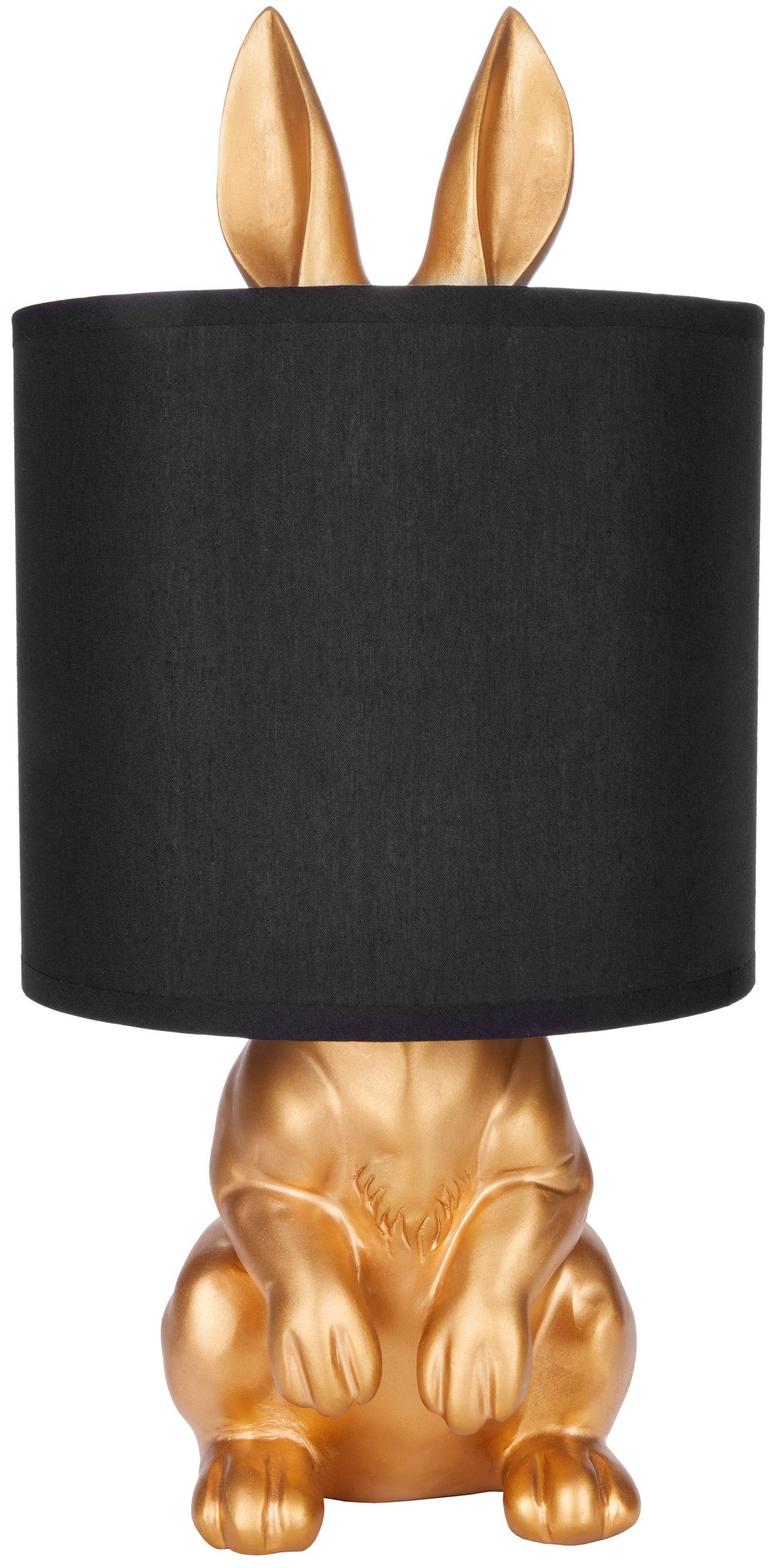 BRUBAKER Nachttischlampe Tischleuchte Hase Gold oder Silber - Tischlampe mit Lampenschirm, ohne Leuchtmittel, Motiv Lampe mit Keramikfuß, Höhe 42 cm Gold, Schirm: Schwarz | Tischlampen