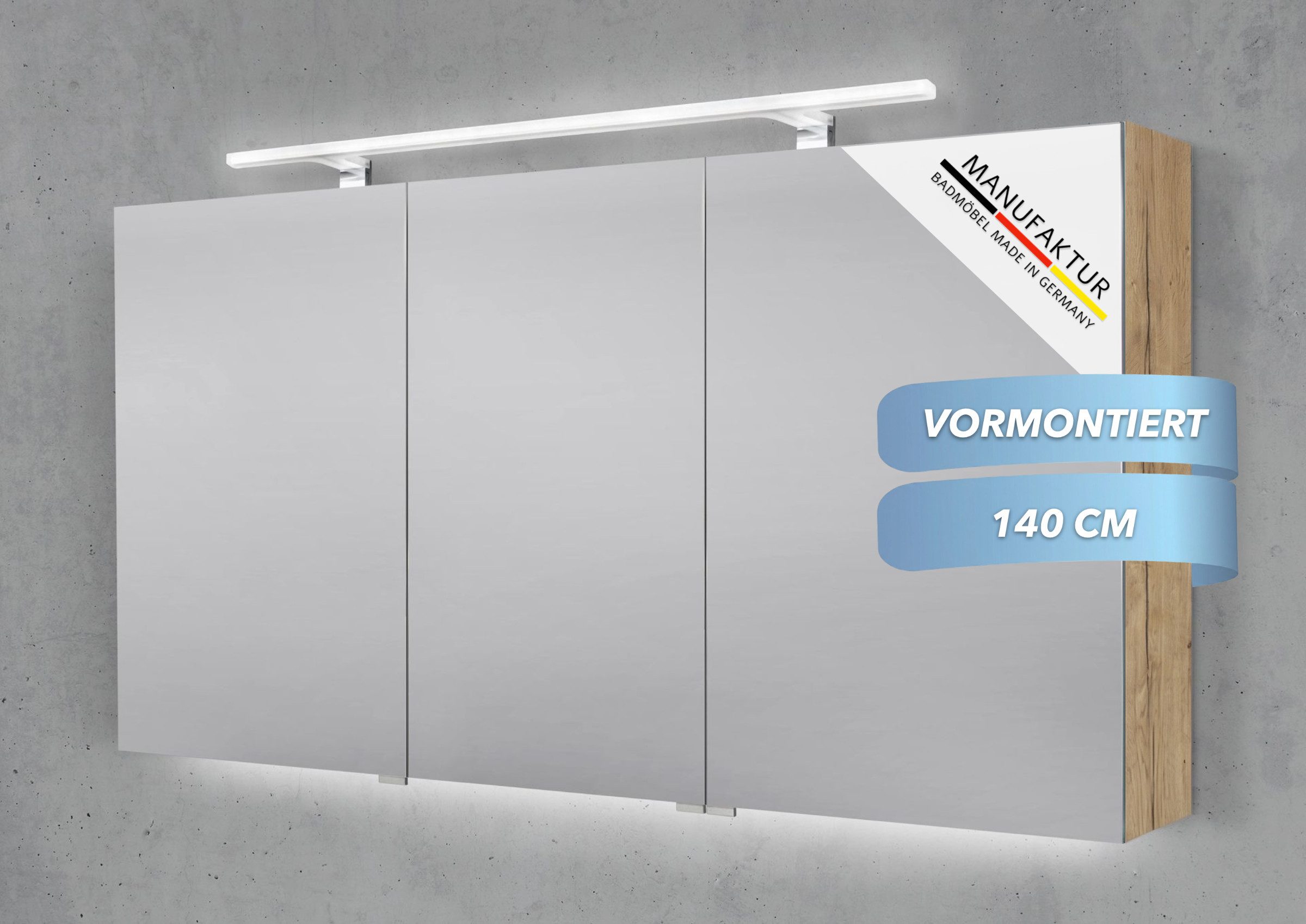 Intarbad Badezimmerspiegelschrank 3-türiger Spiegelschrank mit MULTI LED Acryl Aufsatzleuchte, dimmbar (Doppelspiegeltüren, Holz-/ Lackdekore, Maße von 120 bis 140 cm wählbar, Höhe 70 cm, Glasfachböden, Magnetleiste & Kosmetikspiegel Ø 12 cm) Vormontierte Lieferung, Floatglas, 160 kg Traglast, Made in Germany