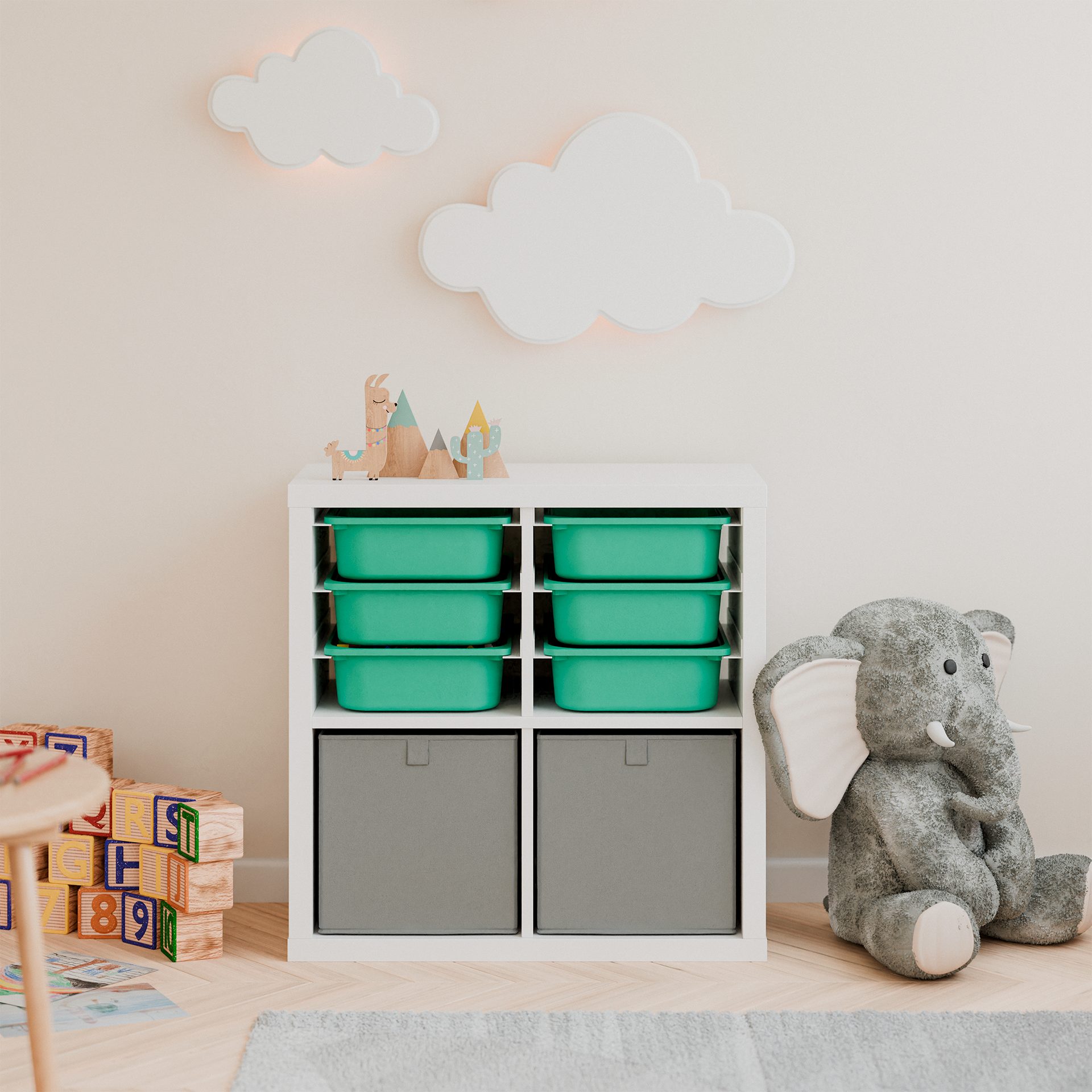 Clutter Cover Regaleinsatz für Kallax Regal, Halterung für 3 Trofast Boxen, Schienenset wahlweise mit passenden Boxen in Grün oder Weiß – Bild 5 von 5