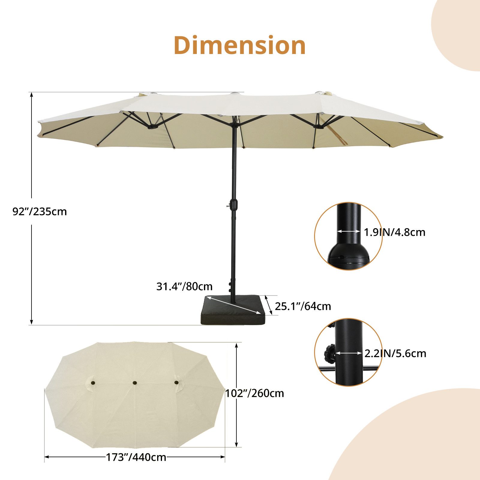 VOWNER Markise mit Sockel,Crank, 4,5m Doppelte Rechteckmarkise (1-St) groß für Pool,Garten,Deck,Beach,Beige
