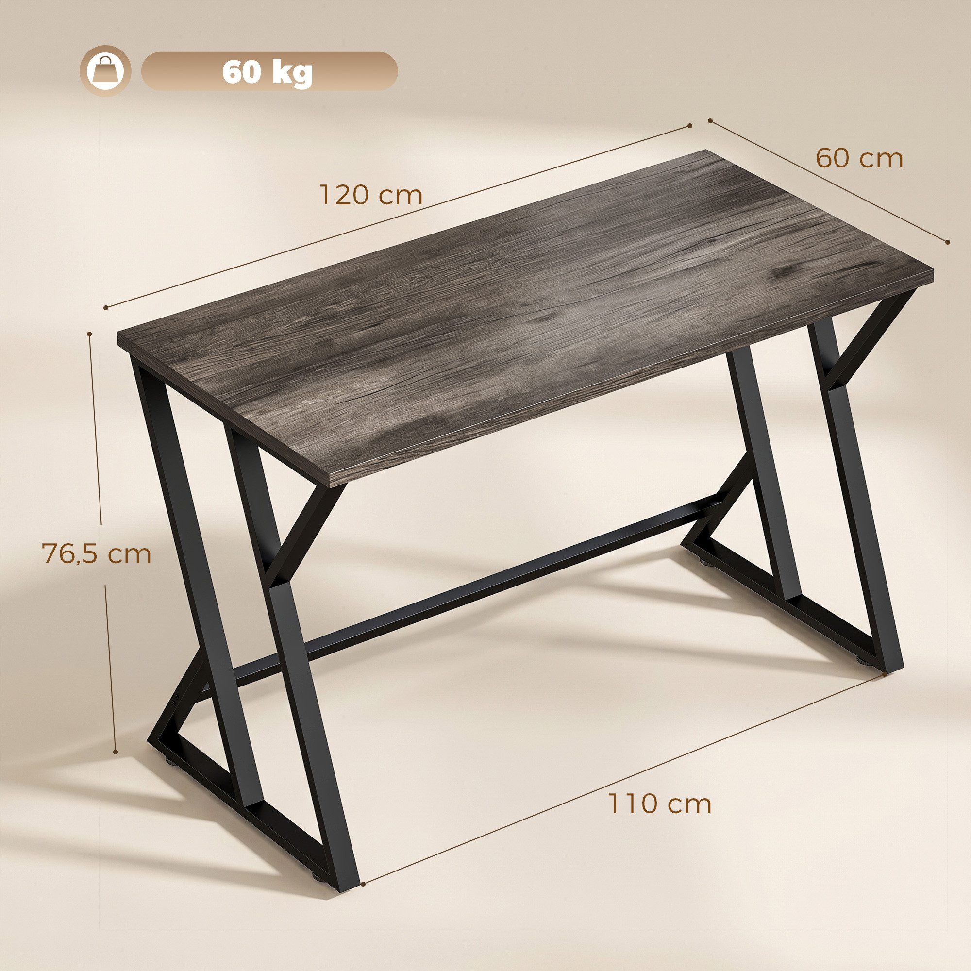 HOMCOM Schreibtisch 120x60cm (Bürotisch, 1-St., PC Tisch), Industriedesign, große Arbeitsfläche, stabil