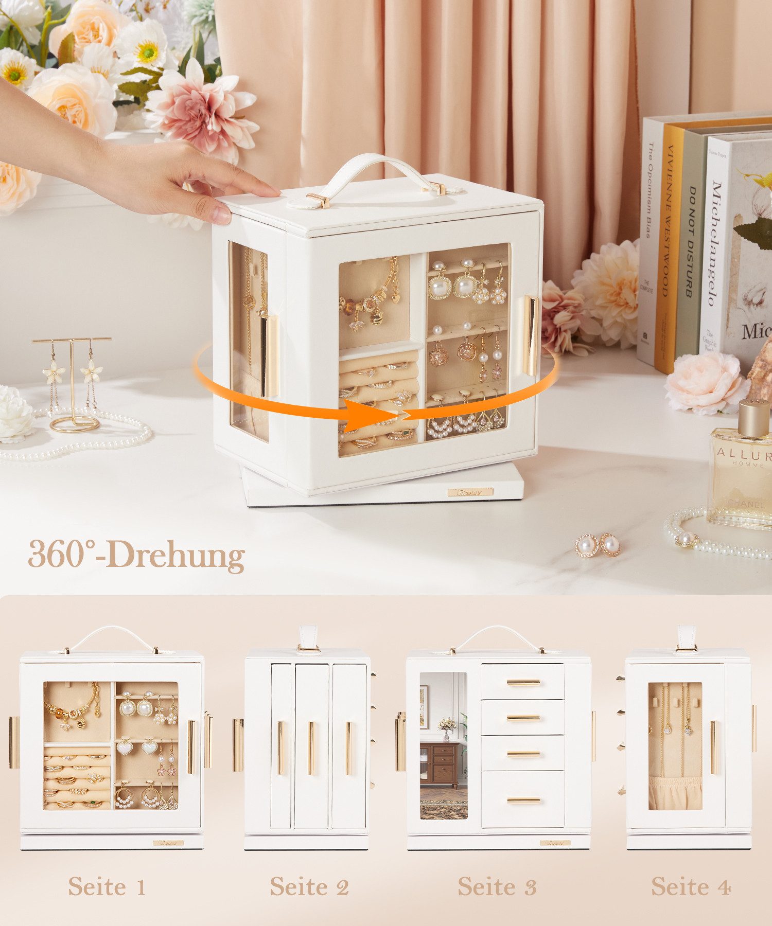 Yorbay Schmuckkasten 360° drehbar Schmuckkästchen mit 7 Schubladen, Fenster, Spiegel, 9 Bereichen, für Halsketten, Ringe, Armbänder, Ohrringe