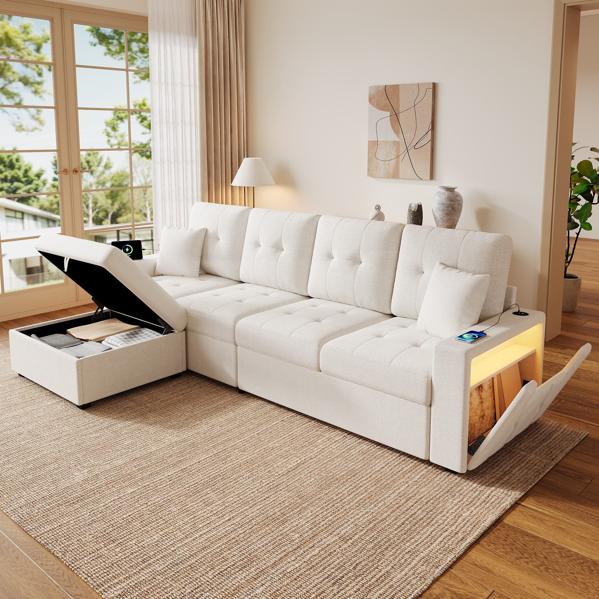 Merax Sofa mit flexiblem Hocker und großem Stauraum, L-Sofa aus Leinenbezug, 253 × 144,5 × 80,7 cm 1 Teile, 4-Sitzer-Sofa mit LED,USB & Type-C Ladeanschlüssen a – Bild 2 von 5