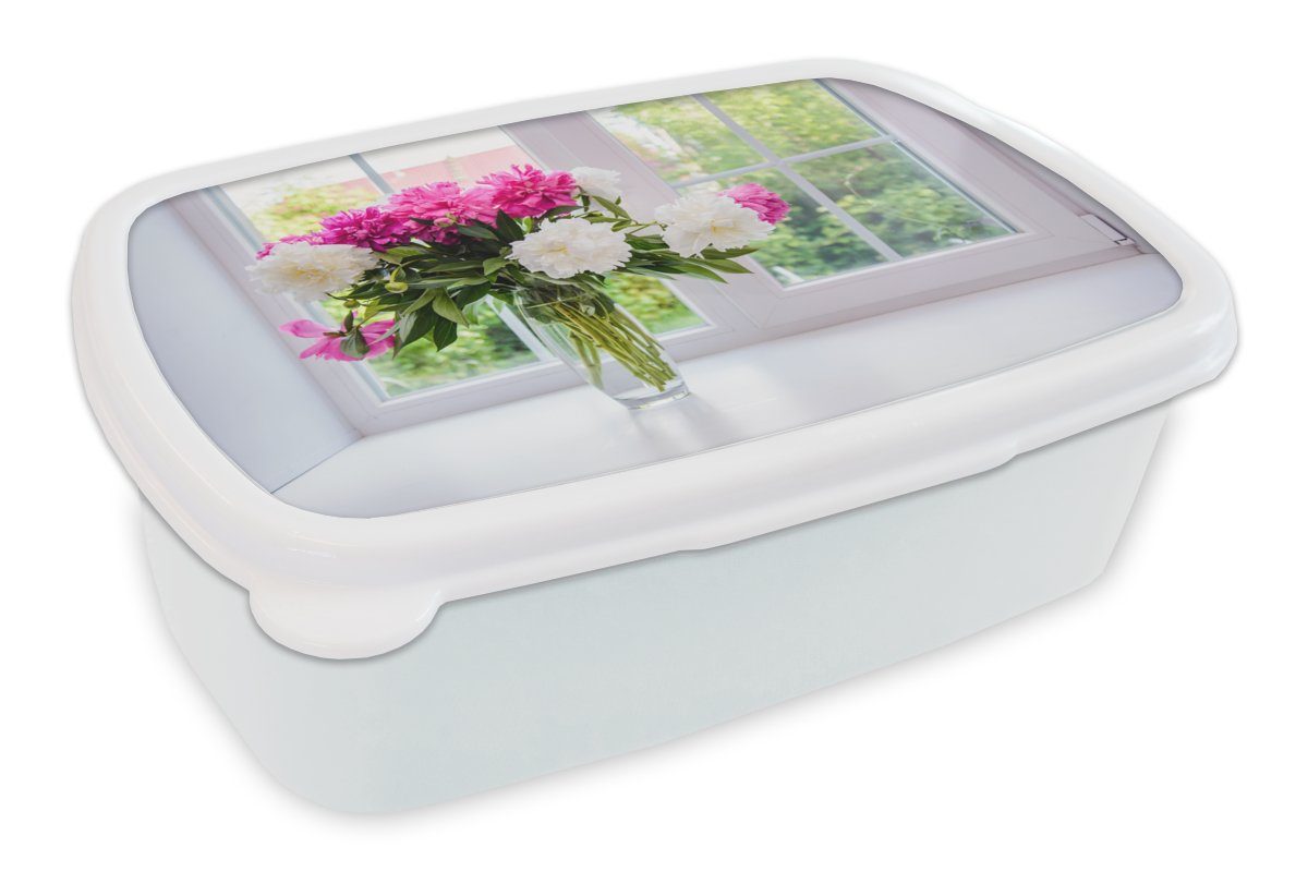 MuchoWow Lunchbox Blumen - Pfingstrosen - Vase, Kunststoff, (2-tlg), Brotbox für Kinder und Erwachsene, Brotdose, für Jungs und Mädchen weiß