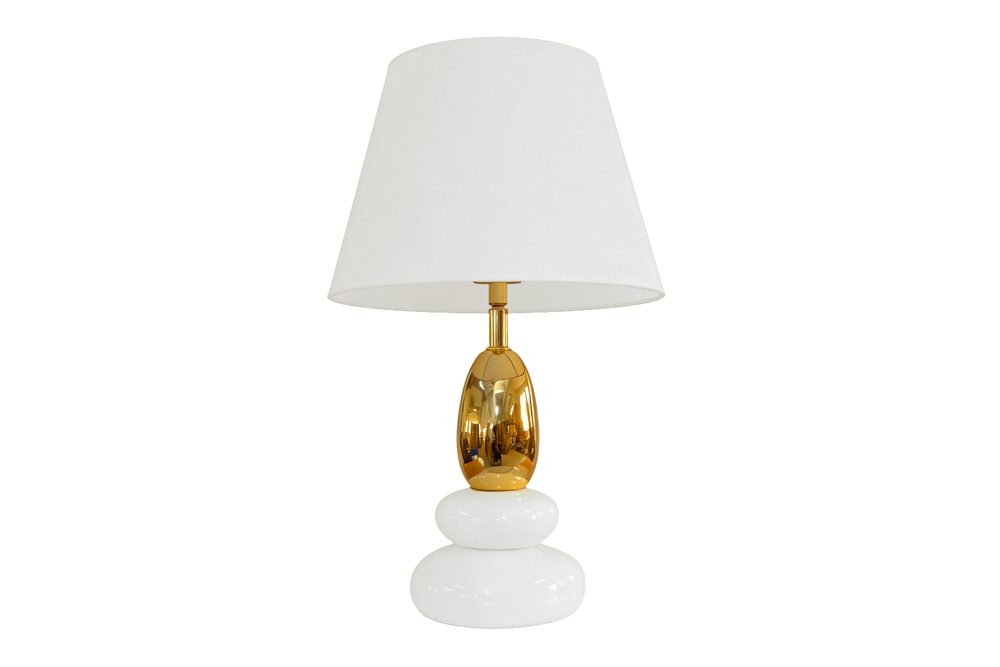 riess-ambiente Tischleuchte STONES OF ZEN 45cm weiß/gold - Stoffschirm, Kunststein, rund, Ein-/Ausschalter, ohne Leuchtmittel, mit dekorativem Steindesign – ideal für Wohnzimmer & Schlafzimmer