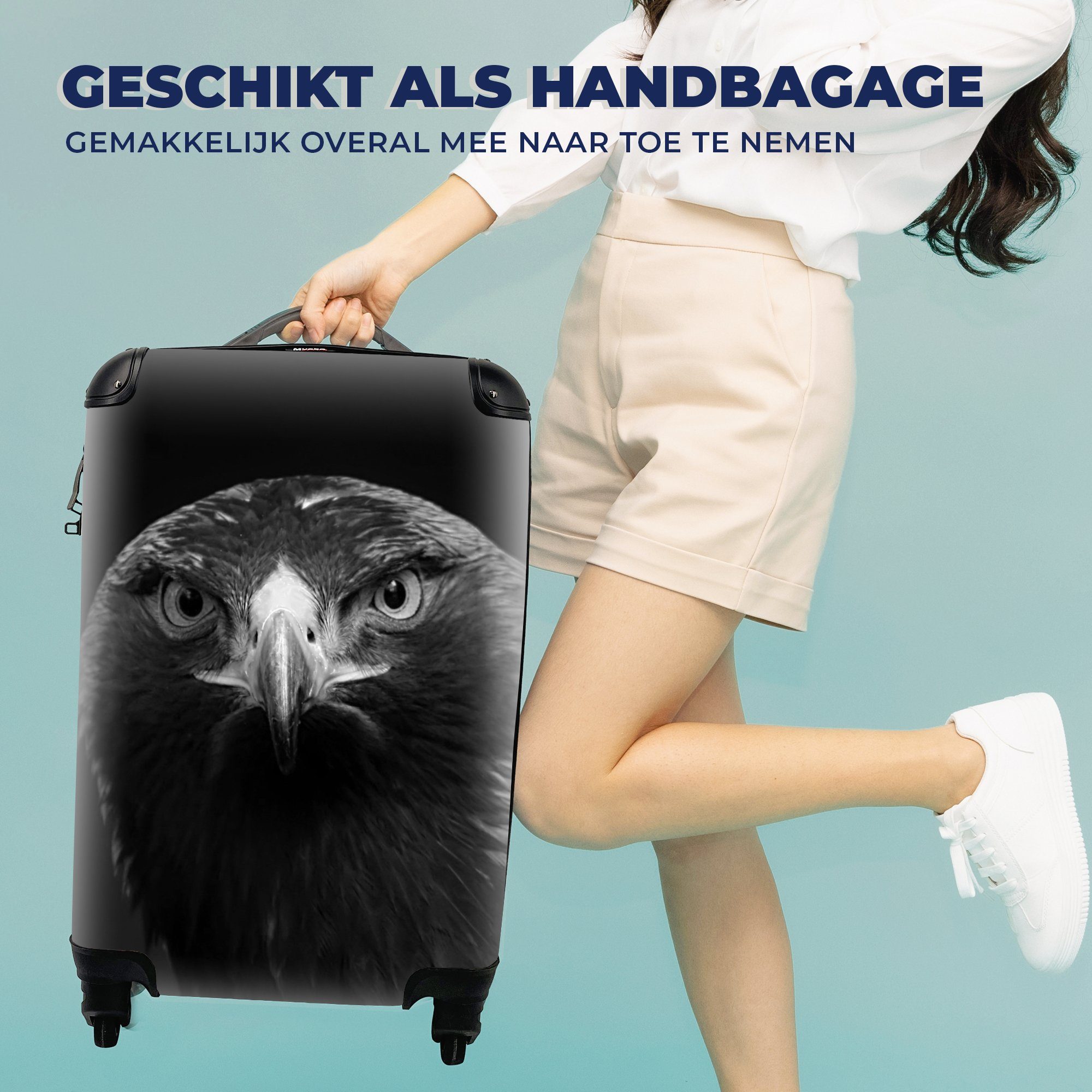 Rollen, Vogel - Trolley, Weiß, mit Schwarz Reisetasche - - 4 - Tiere Bussard MuchoWow Reisekoffer Handgepäck für Ferien, Handgepäckkoffer rollen,