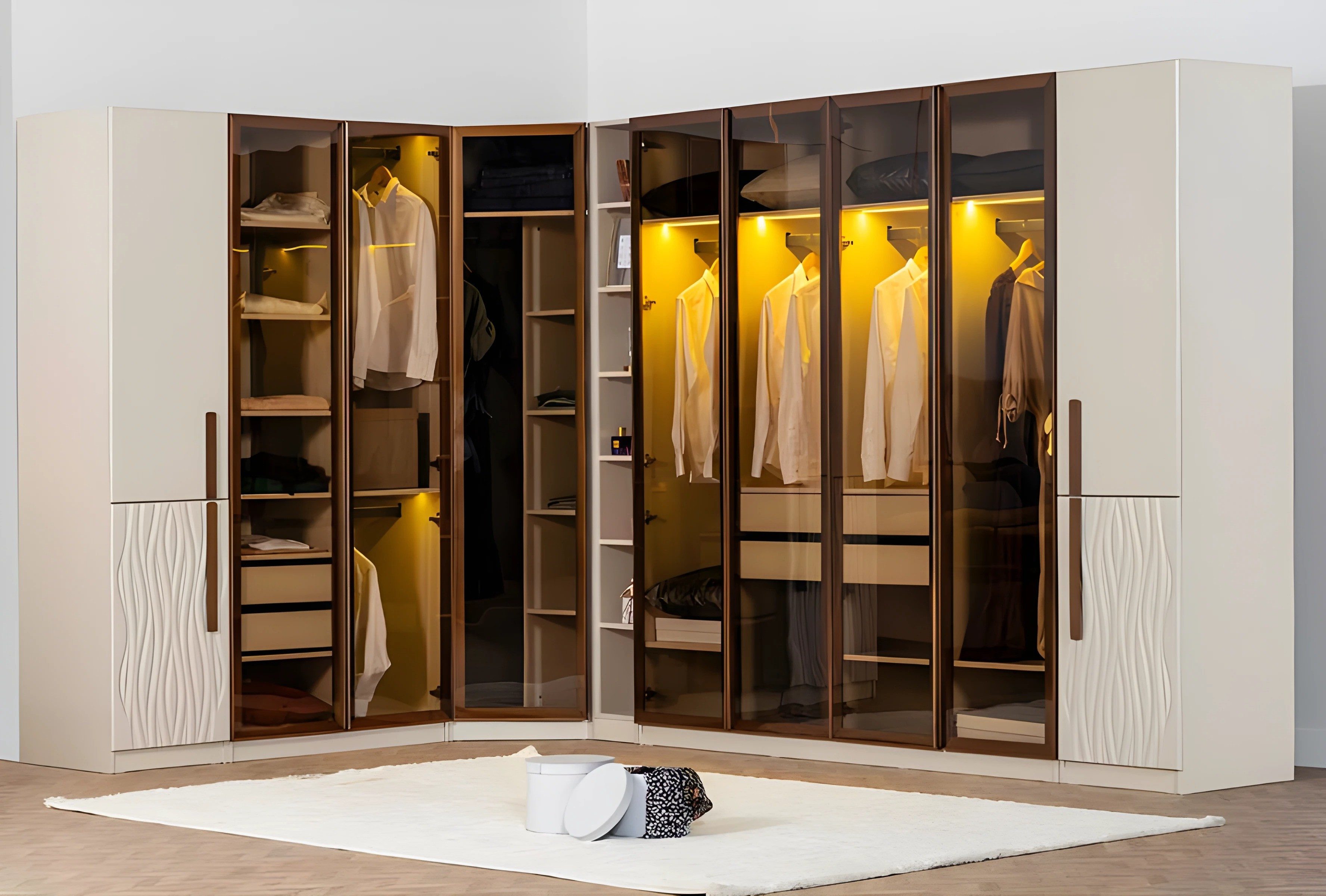 Xlmoebel Eckkleiderschrank Eckkleiderschrank Holz Beige mit Glastüren und Schubladen (1-St., Eckkleiderschrank mit Glastüren und Schubladen) Made in Europa