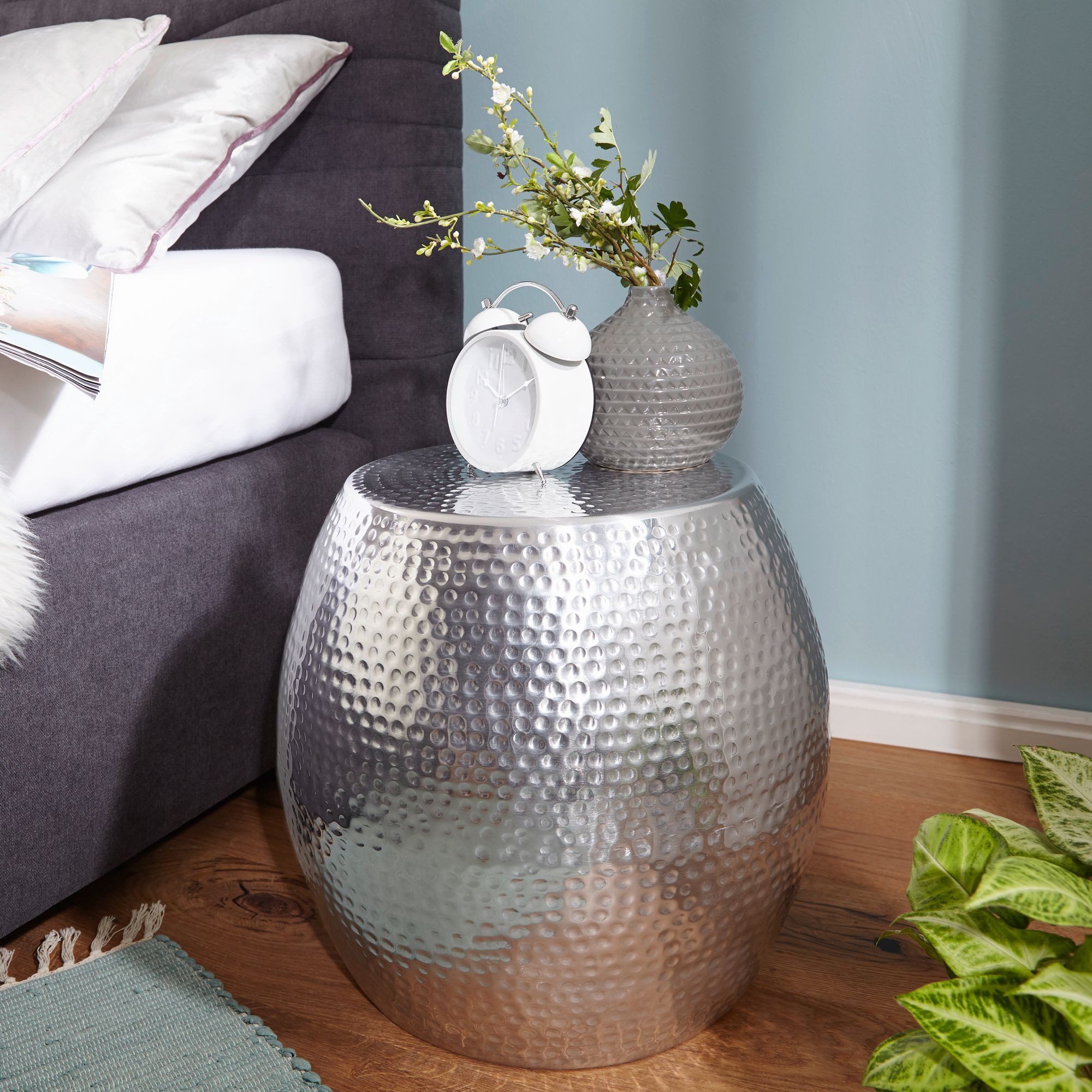 FINEBUY Beistelltisch SuVa12240_1 Aluminium Dekotisch Ø 42 cm rund Ablagetisch Metall (42x42x42 cm Aluminium Hammerschlag Silber Rund), Sofatisch Orientalisch, Kleiner Wohnzimmertisch