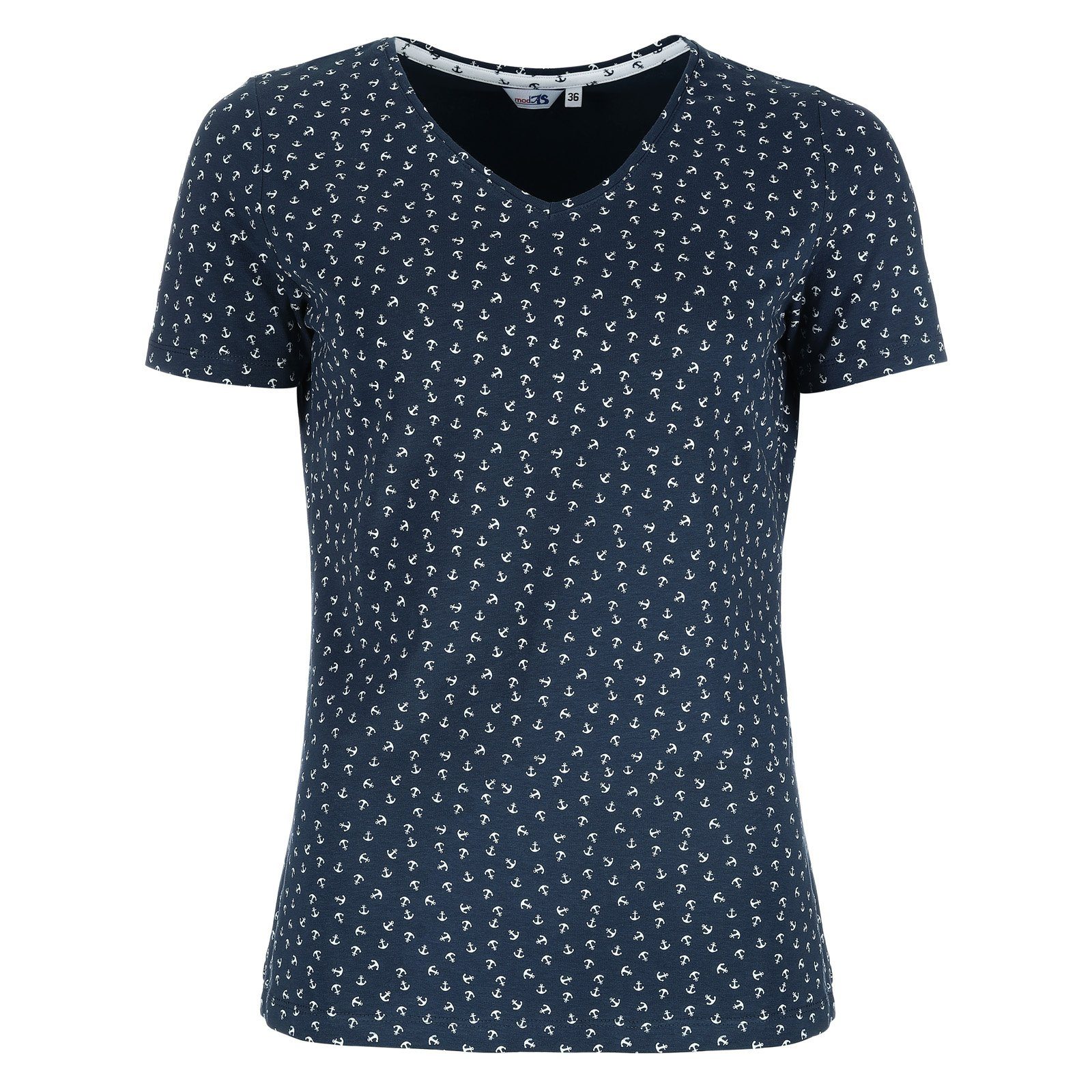 modAS Kurzarmshirt Damen T-Shirt Maritim mit Anker-Print und V-Ausschnitt