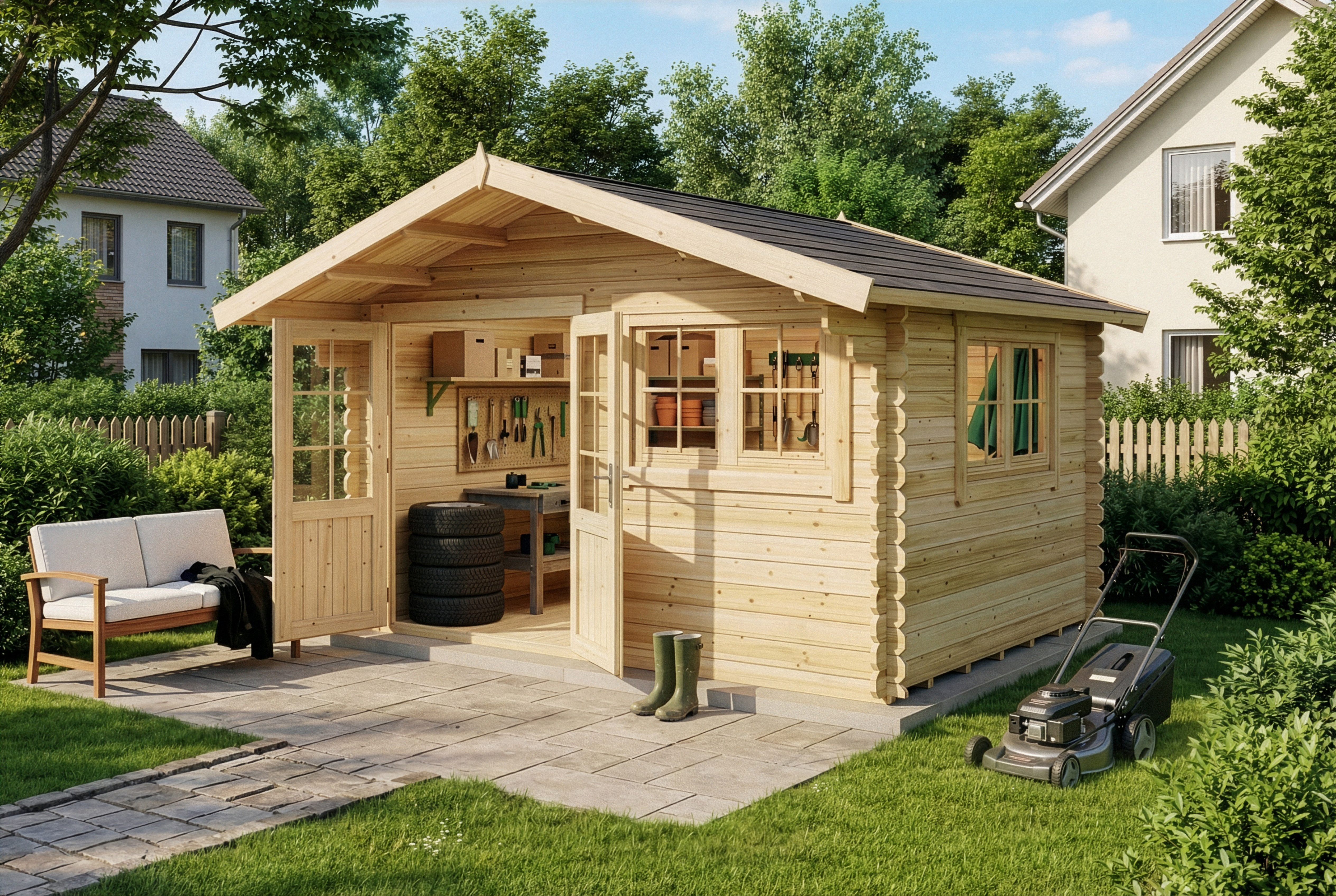 Alpholz Gartenhaus Holz Gabriel 400 x 300 cm, BxT: 435x367 cm, in Naturbelassen Inkl. Fußboden mit 34mm Wandstärke