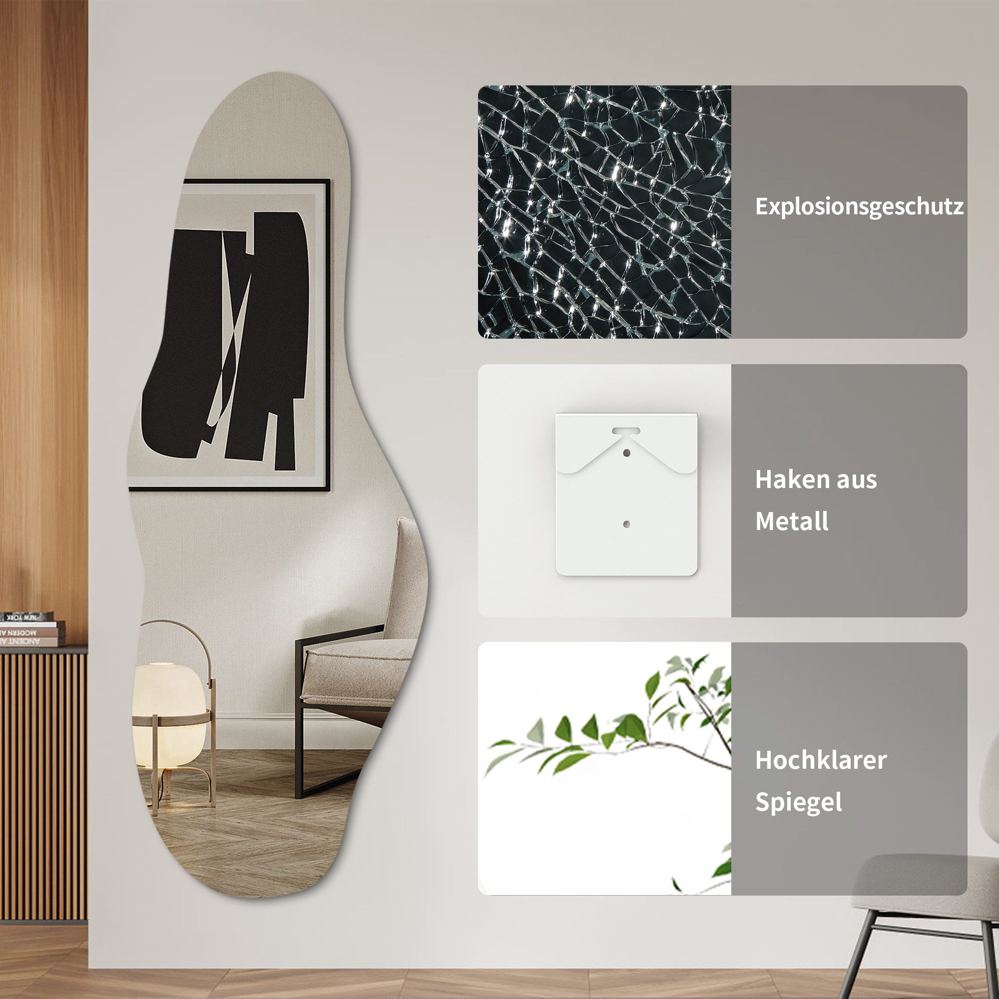 Hopibath Wandspiegel für Friseurladen Friseursalon Schönheitssalon Beauty Studio Hotel (Ganzkörperspiegel groß, Asymmetrischer Spiegel Rahmenlos, 1-St., 165x60cm), 5mm HD Glas, mit Metall Haken, Splitterschutzfolie