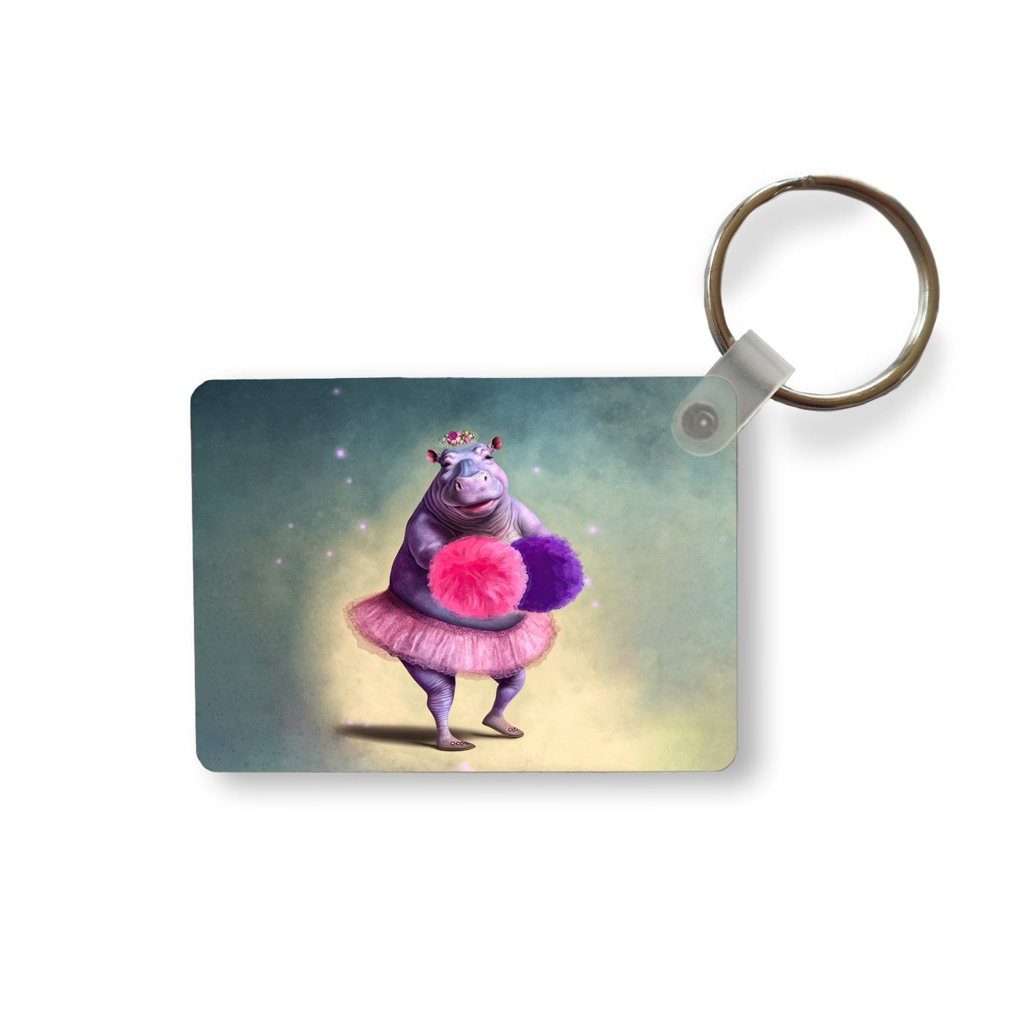 MuchoWow Schlüsselanhänger Nilpferd - Blumen - Ballerina - Pompons - Porträt - Kinder, Rechteckig mit Schlüsselring, Geschenk, Accessoire, 6x4 cm