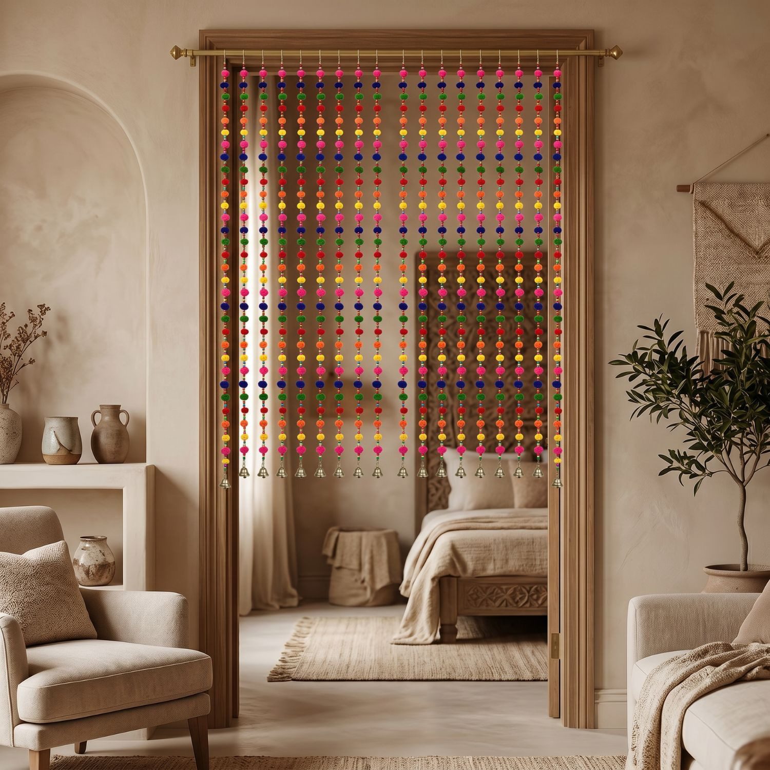 Marrakesch Orient & Mediterran Interior Hängedekoration Dekohänger Pom-Pom, 130 cm, aus Baumwolle, mit Perlen und Glöckchen – Bild 2 von 5
