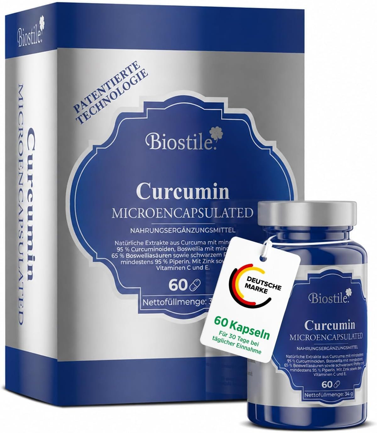 Biostile Mikroverkapseltes Curcumin aus Kurkuma für Zellschutz, Kapseln, 34 g, Mikroverkapselt für bessere Aufnahme, Mit Piperin, 60 Kapseln