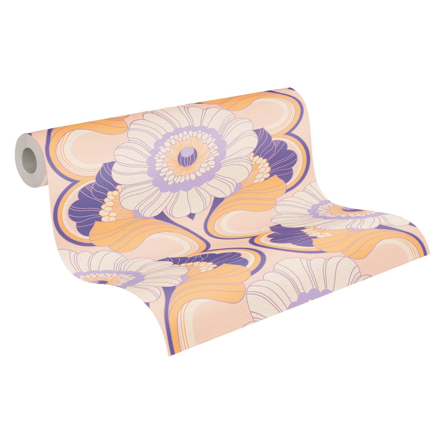 Profhome Vliestapete 395303-GU Retro Tapete Blumen matt violett beige creme-weiß, geprägt, (1 Rolle, 4,51 qm), heißgeprägte Vliestapete, flieder