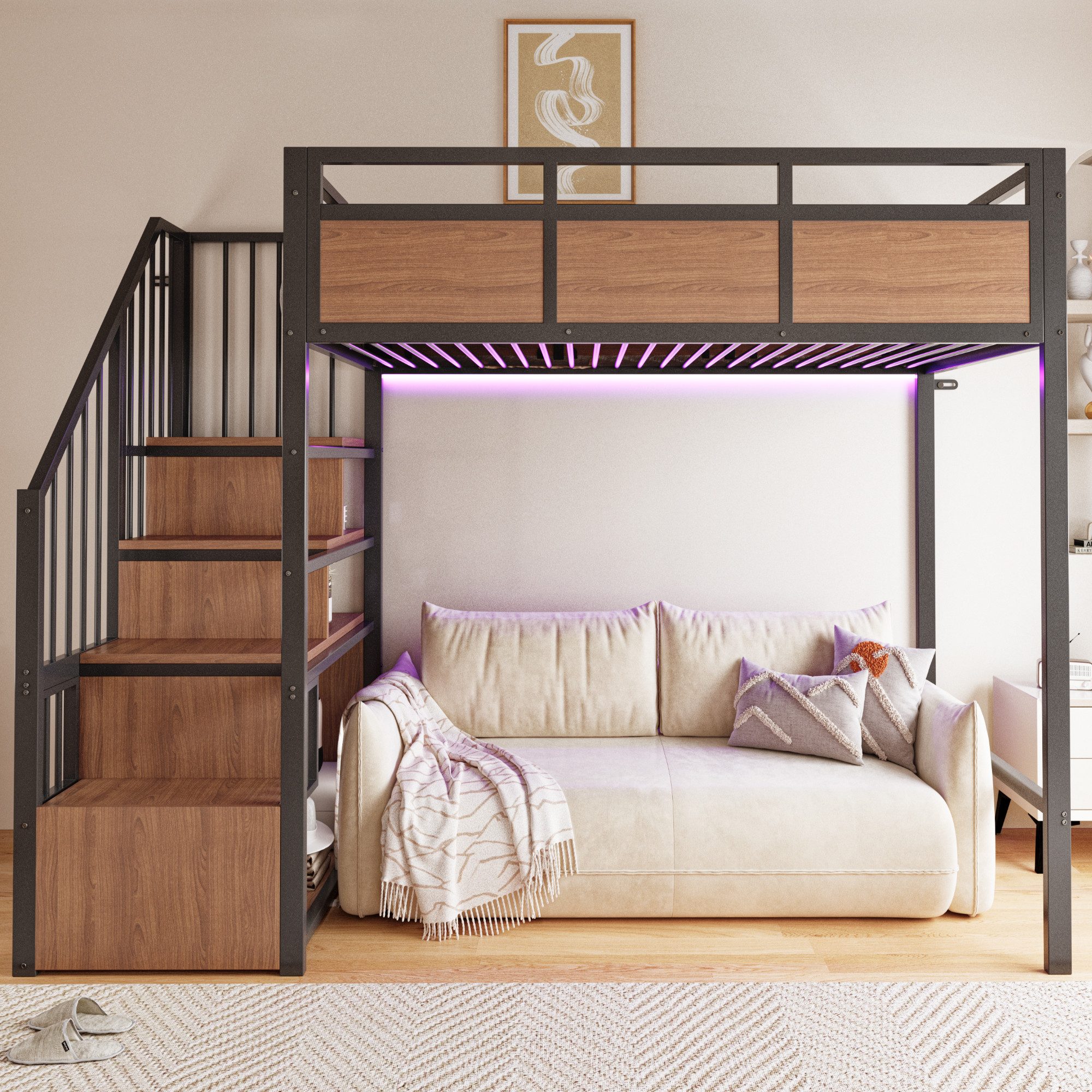 Flieks Hochbett Metallbett 90x200cm LED-Leiste & Stauraumtreppe(beidseitig montierbar)