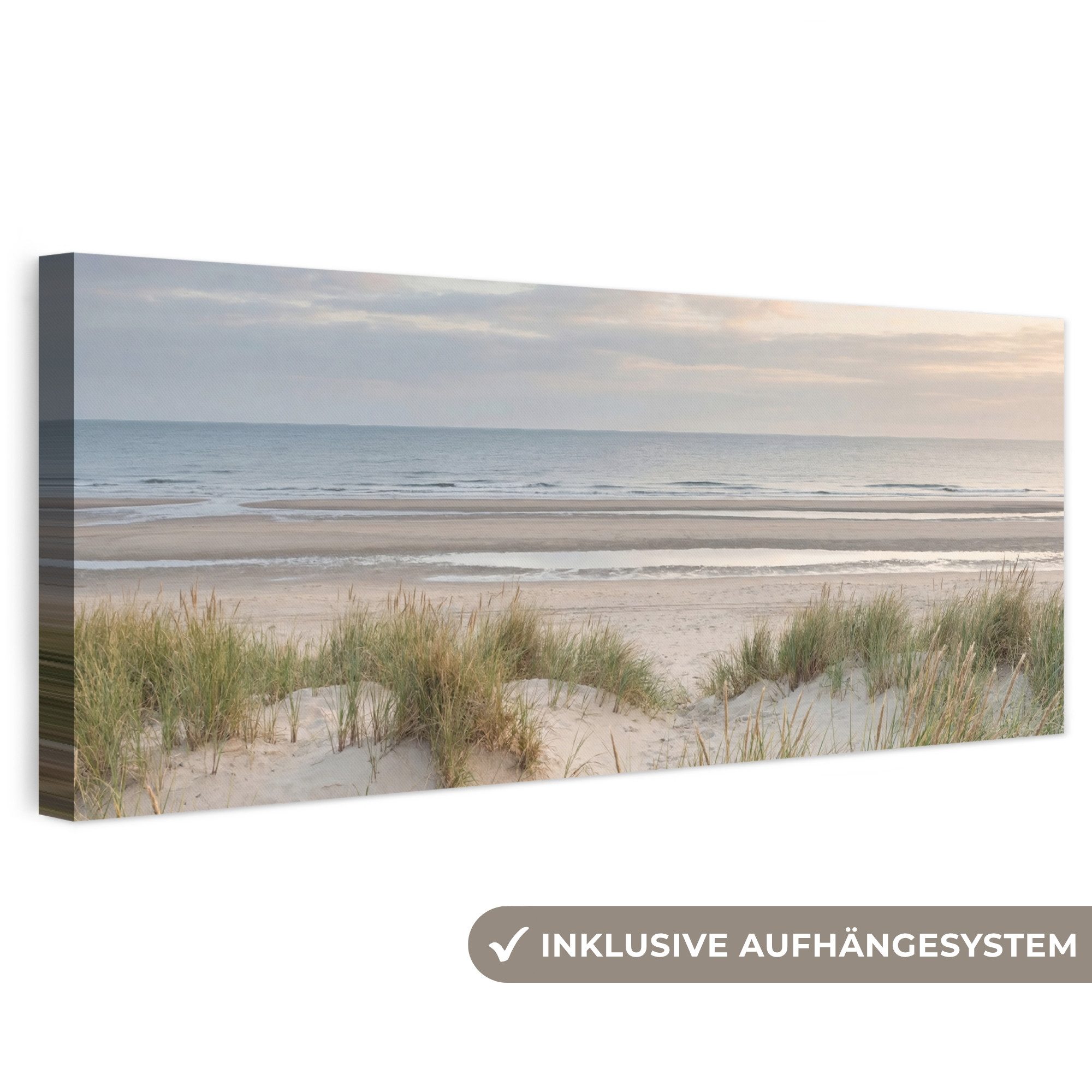 OneMillionCanvasses® Leinwandbild Panorama Sandstrand - Bewölkt - Dünen, Fotodruck (1 St), Wandbild, Deko Schlafzimmer Wohnzimmer Flur 60x20 cm