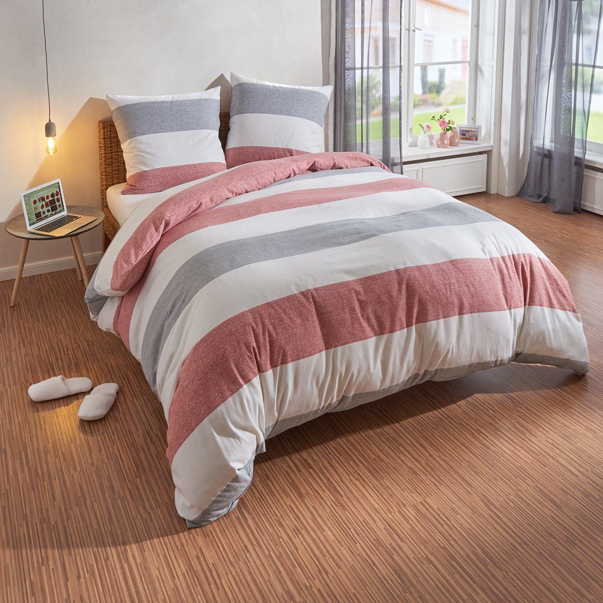TRAUMSCHLAF Bettwäsche Melange Streifen rot, Biber, 3 teilig, Biberbettwäsc günstig online kaufen