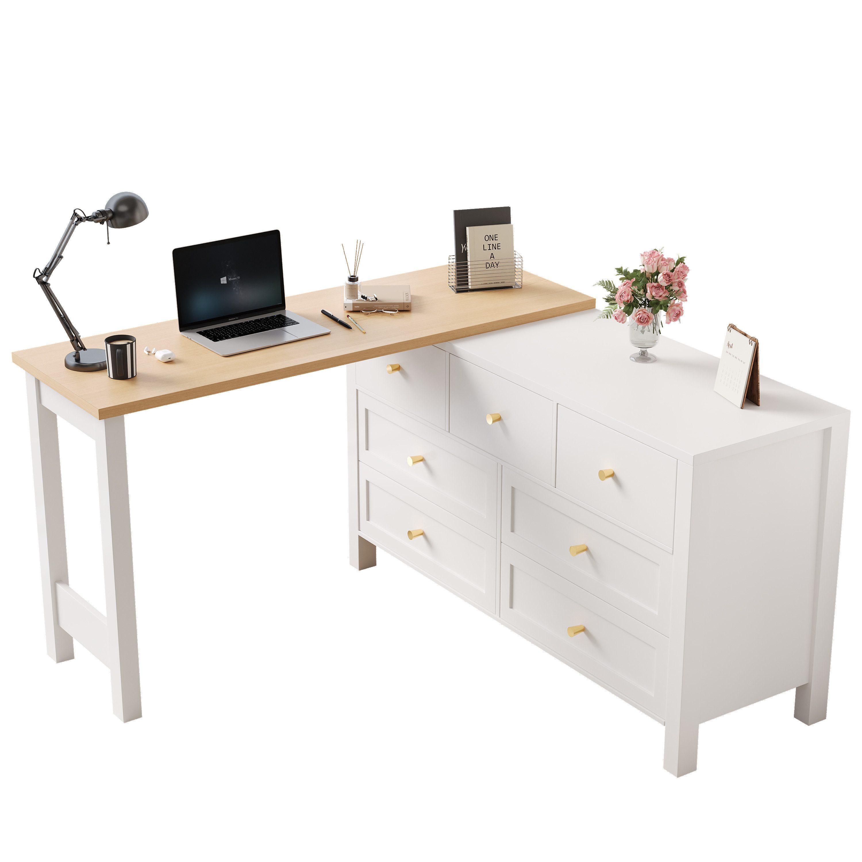 OKWISH Eckschreibtisch 360° drehbare Tischplatte (Computertisch, 1-St., 2-in-1 Drehwerkbank und Sideboard), L-förmiger, mit 7-Schubladen