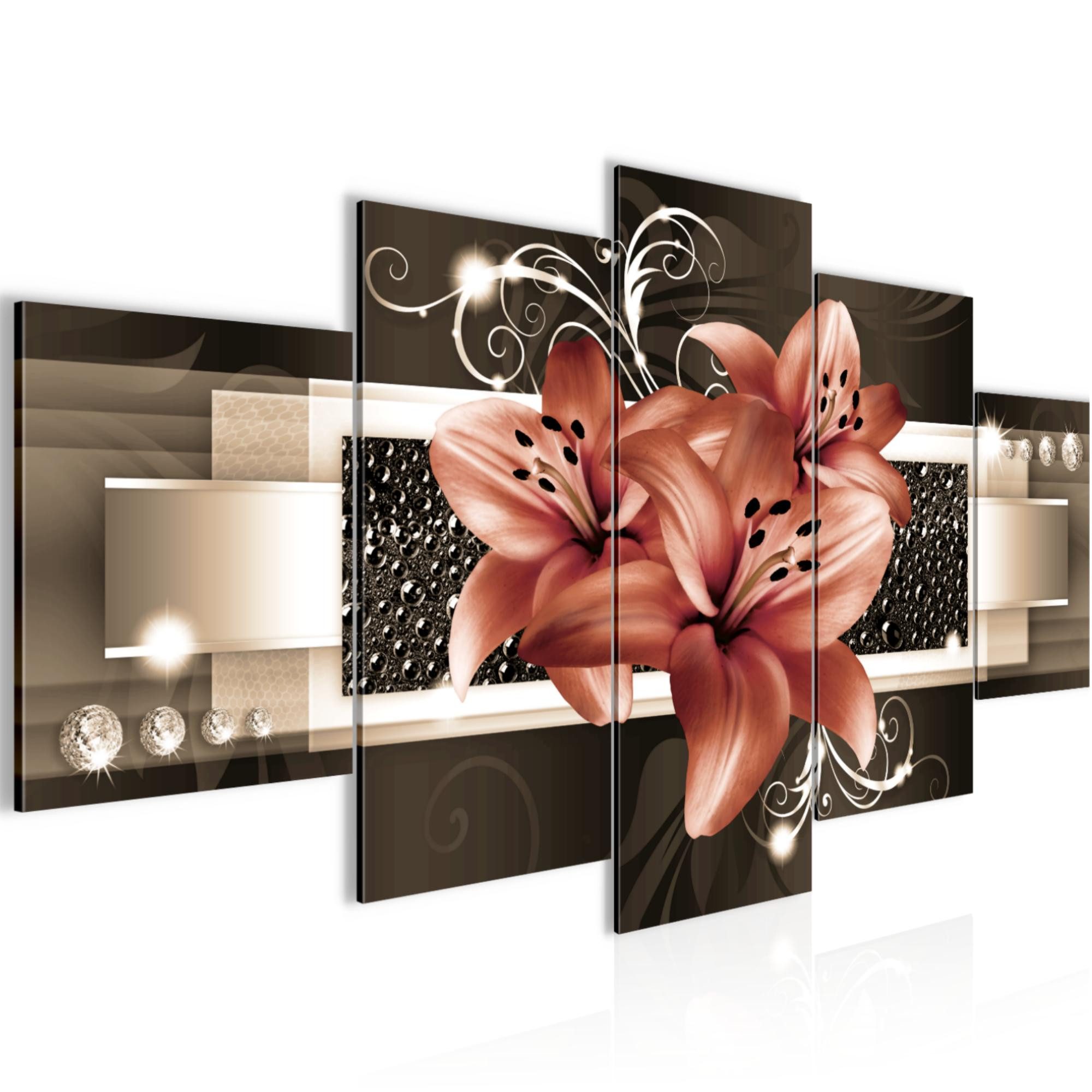Runa Art Wandbild Bild Blumen Lilien Abstrakt Braun auf Vlies Leinwand 008653b, 150L x 75B cm
